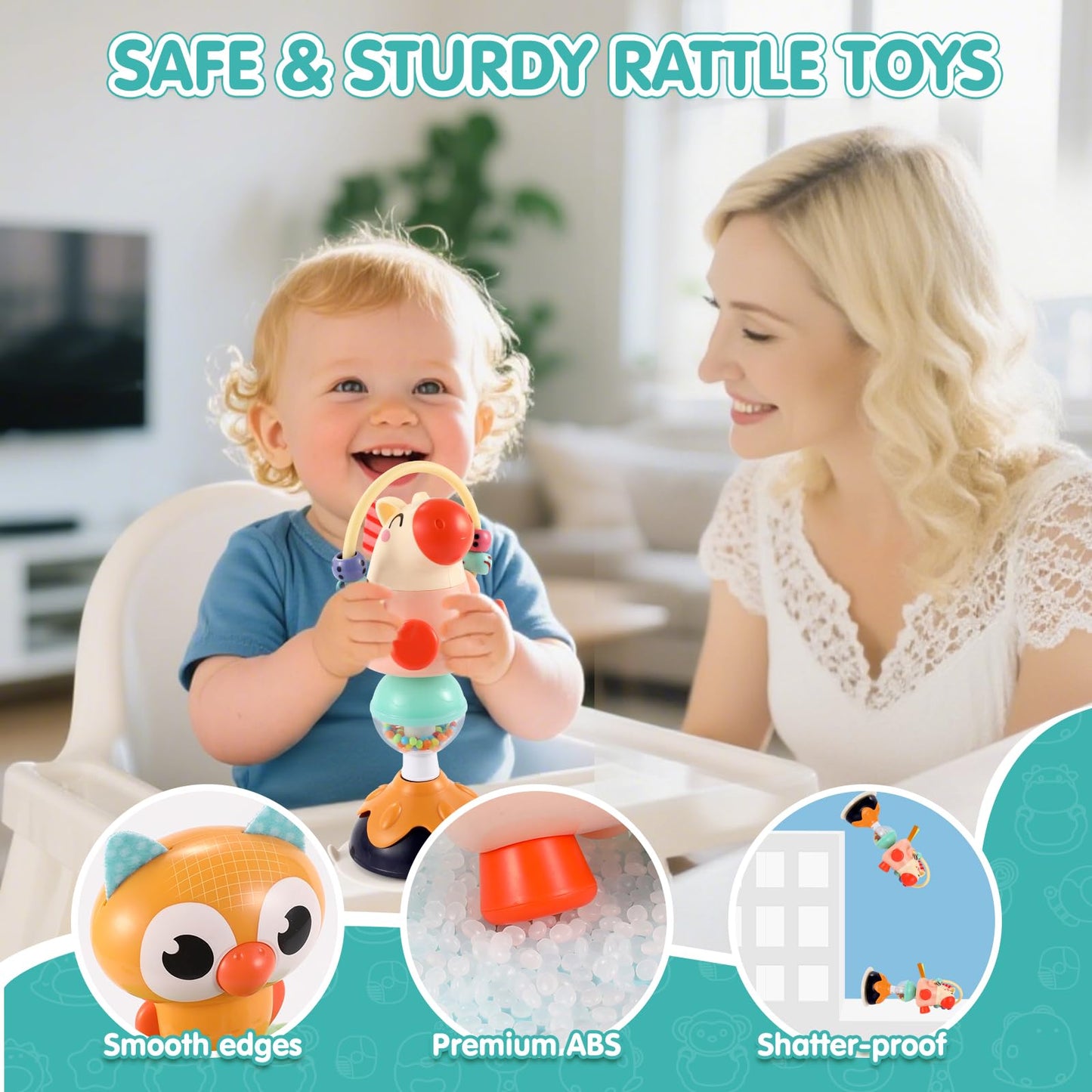 Baby Toys 6-12 Months 3PACK High Chair Suction Cup Toys Rattle Toys for Babies 12-18 Months Baby Tray Infant Toy for 6 9 12 18 24 Months Newborn Gifts for 1 2 Year Olds Boys Girls Kids Birthday Xmas