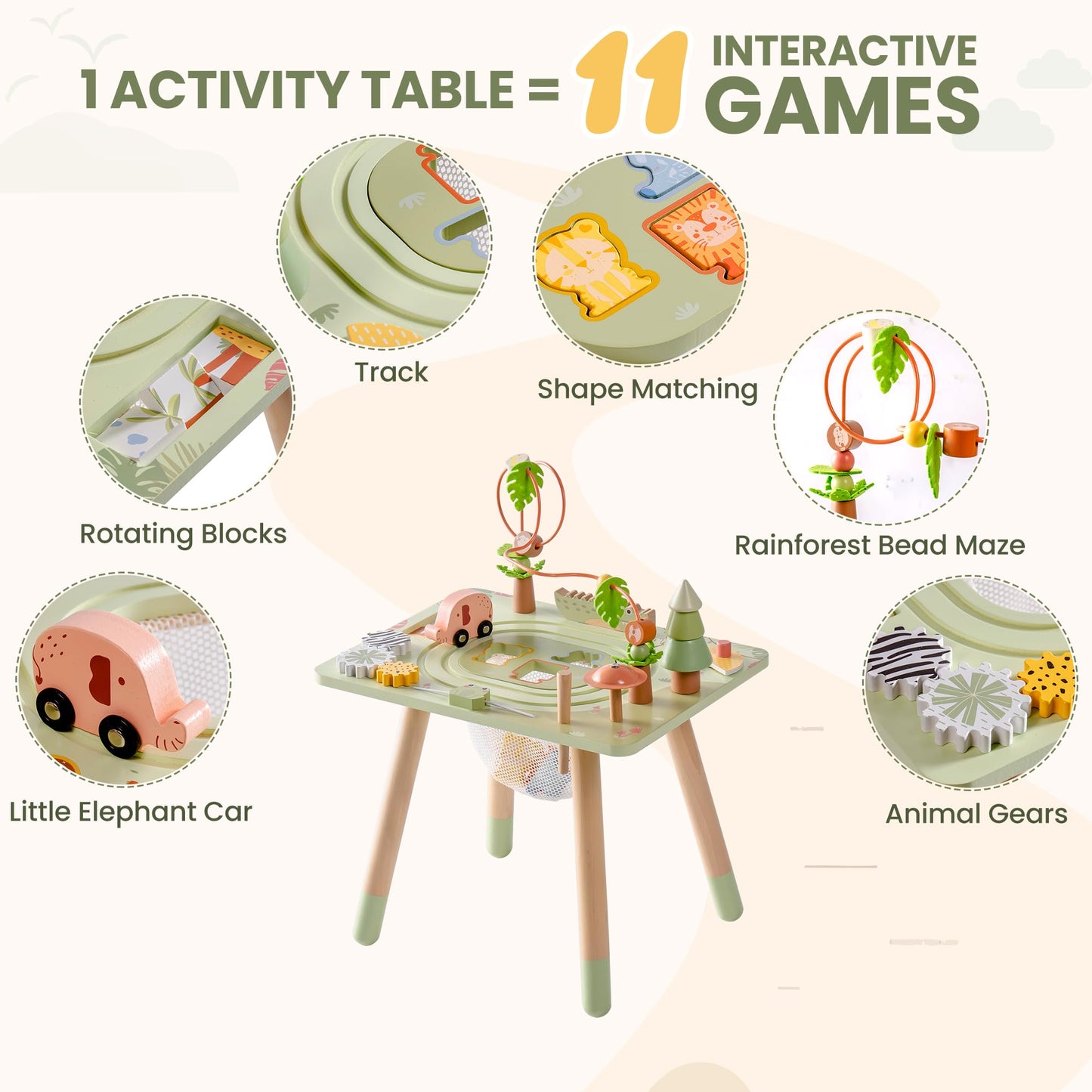 ROBUD Activity Table, 11-in-1 Montessori Learning Table with Bead Maze, Gears, Track, Shape Matching, Storage & More, Wooden Montessori Toys for Toddler, Educational Gift for Baby Boys Girls, Green