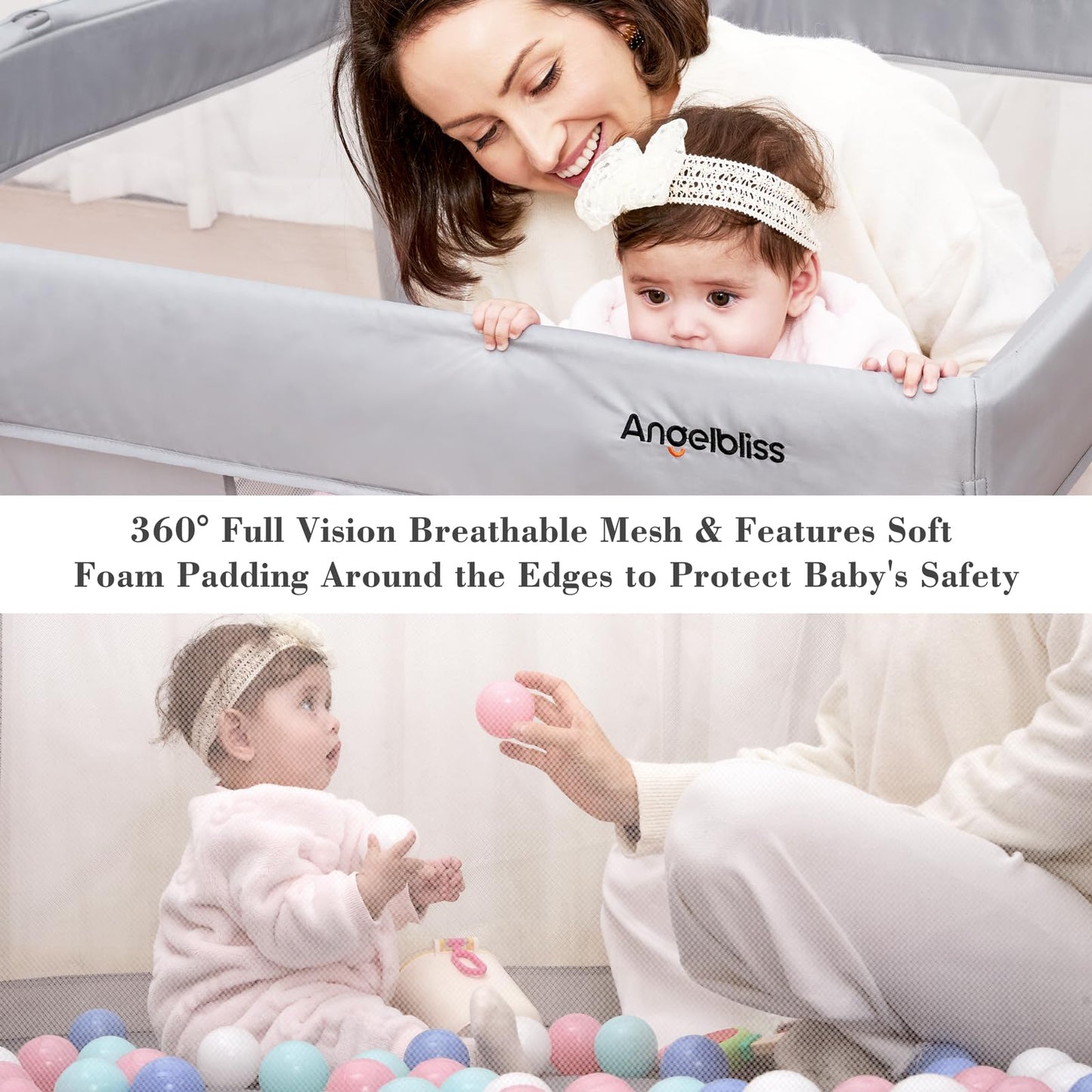 Foldable Baby Playpen 50"×50", Out-of-the-Box Ready Playpen for Babies and Toddlers, Portable Play Yard with Breathable Mesh & ASTM F406 Certified(Light Grey)