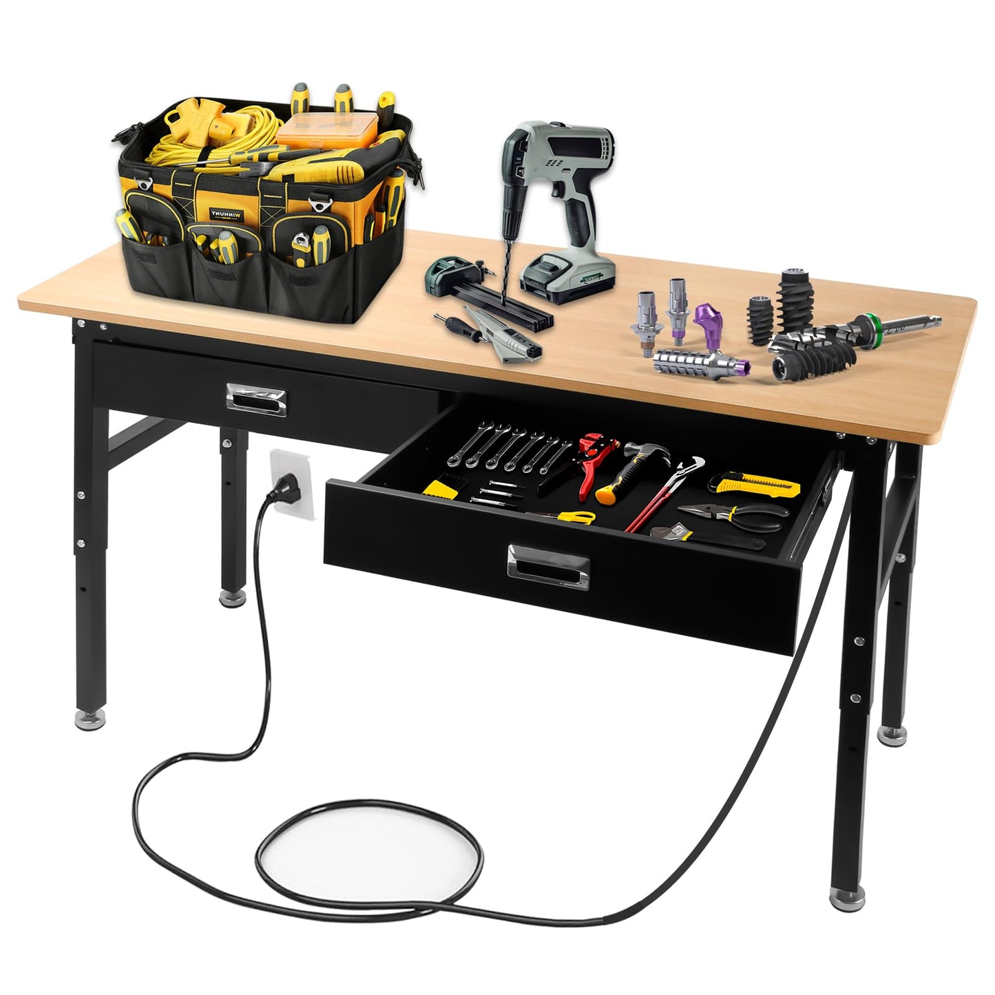 Workbenche with Drawers,60'' Workbench with Power Outlet for Garage,2700 Lbs Capacity Adjustable Workbench,Heavy Duty Table for Workshop Office Home Commercial