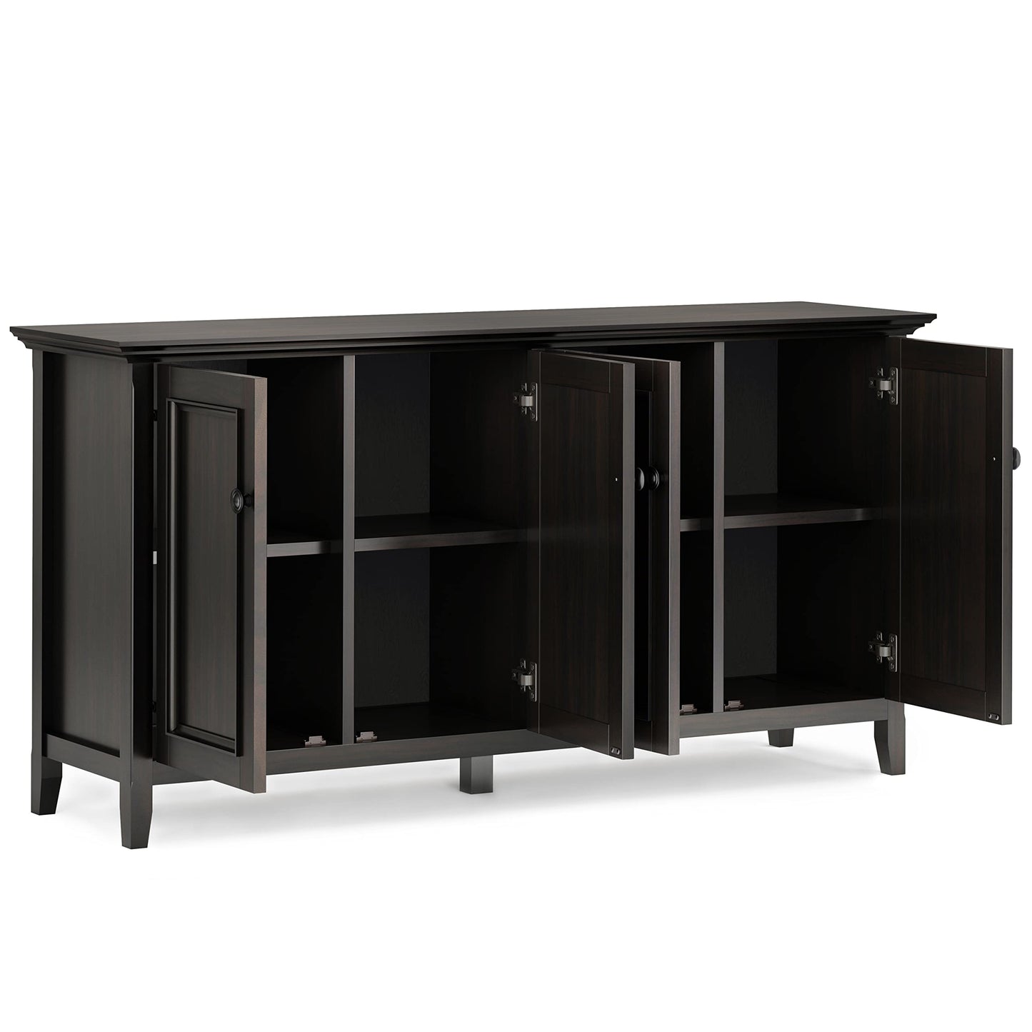 SIMPLIHOME Amherst Storage Cabinet - 66 inch Wide Solid Wood 4-Shelf Sideboard Cabinet in Hickory Brown, Transitional Buffet for Living Room or Dining Room with 4 Doors and Adjustable Shelves