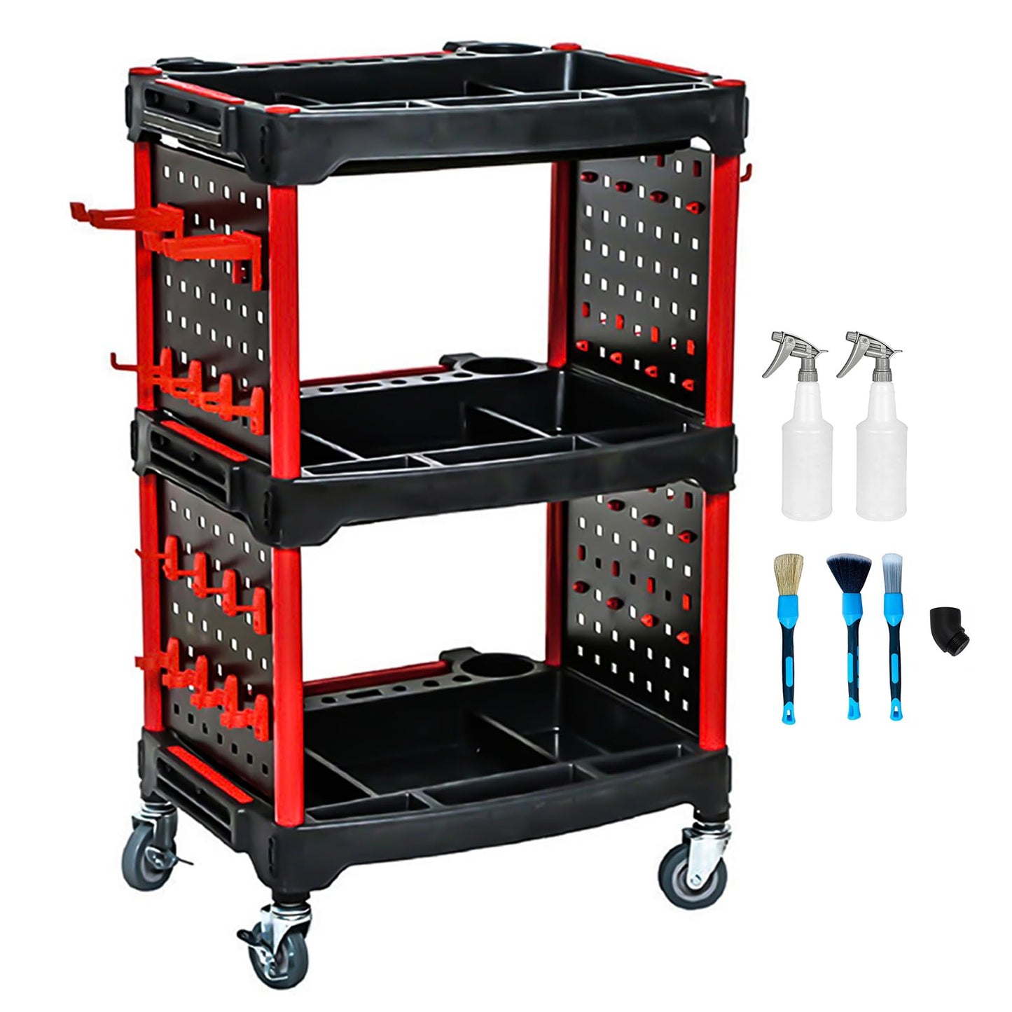 AstraLoom Heavy-Duty Car Detailing Cart for Garage & Workshop – 3-Tier Auto Tool Cart with 4 Tool Boards, 32 Hooks, Lockable Wheels & 440 lbs Capacity