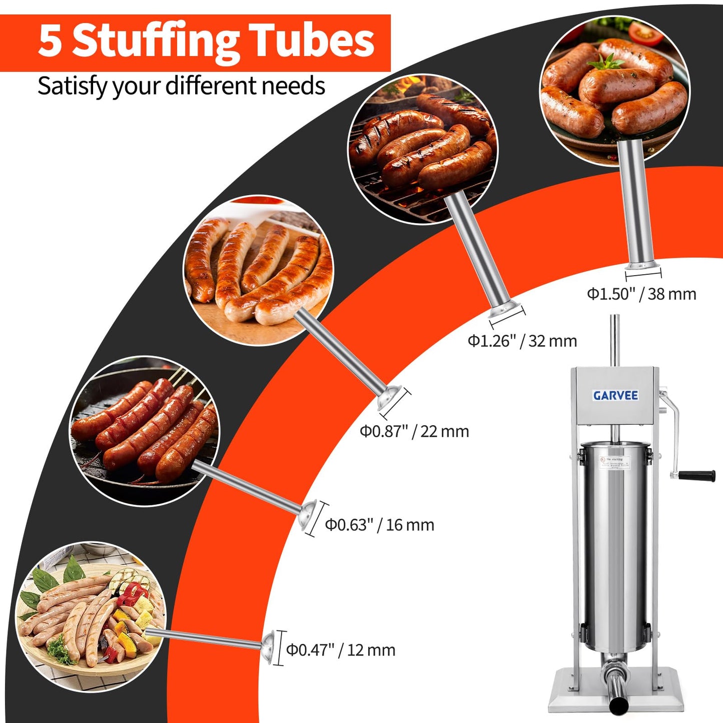 GarveeTech 15LBS/7L Sausage Stuffer, 304 Stainless Steel Manual Sausage Maker with 2-Speed Gear, Sausage Stuffer Machine with 5 Filling Tubes & Cleaning Kit for Household or Commercial Use