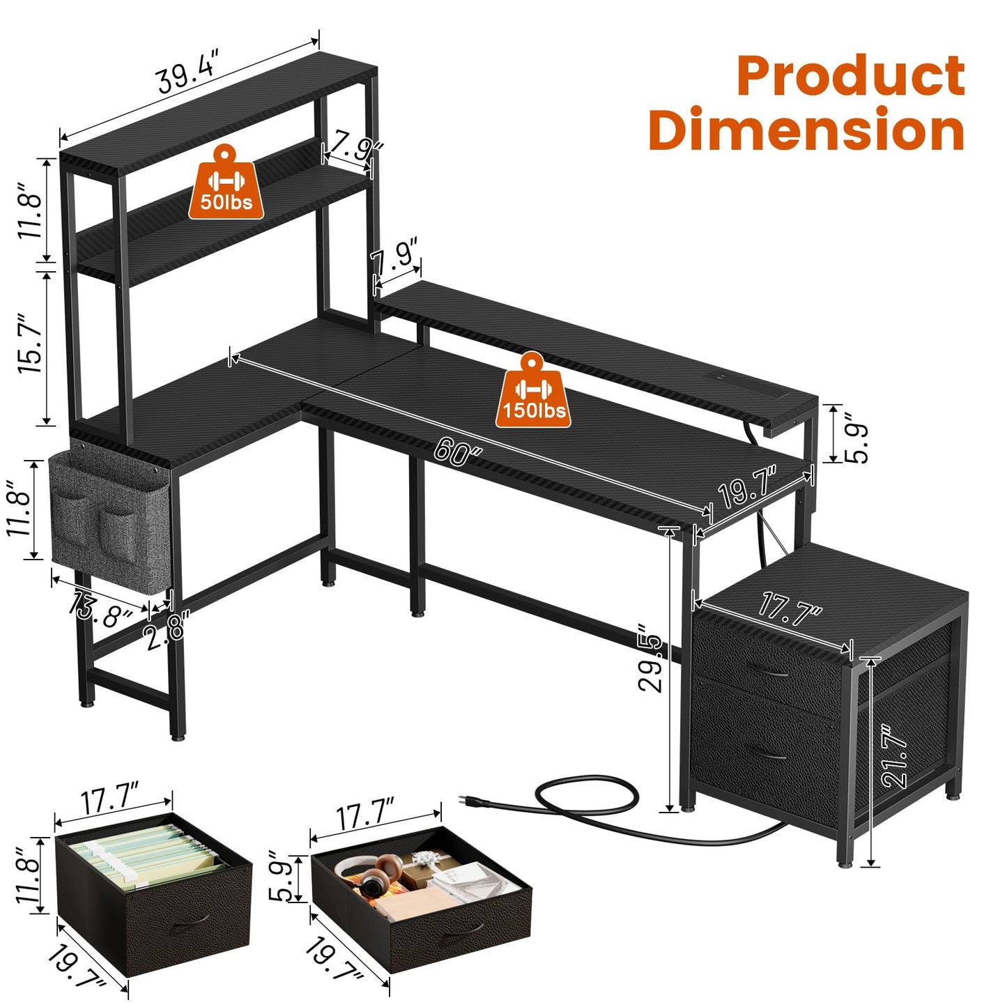 REAHOME 70 Inch L Shaped Desk with File Drawers and Reversible Storage Shelves, Computer Desk with Power Outlet & LED Strip, Home Office Desks, Writing Study Desk for Bedroom, Carbon Fiber Black