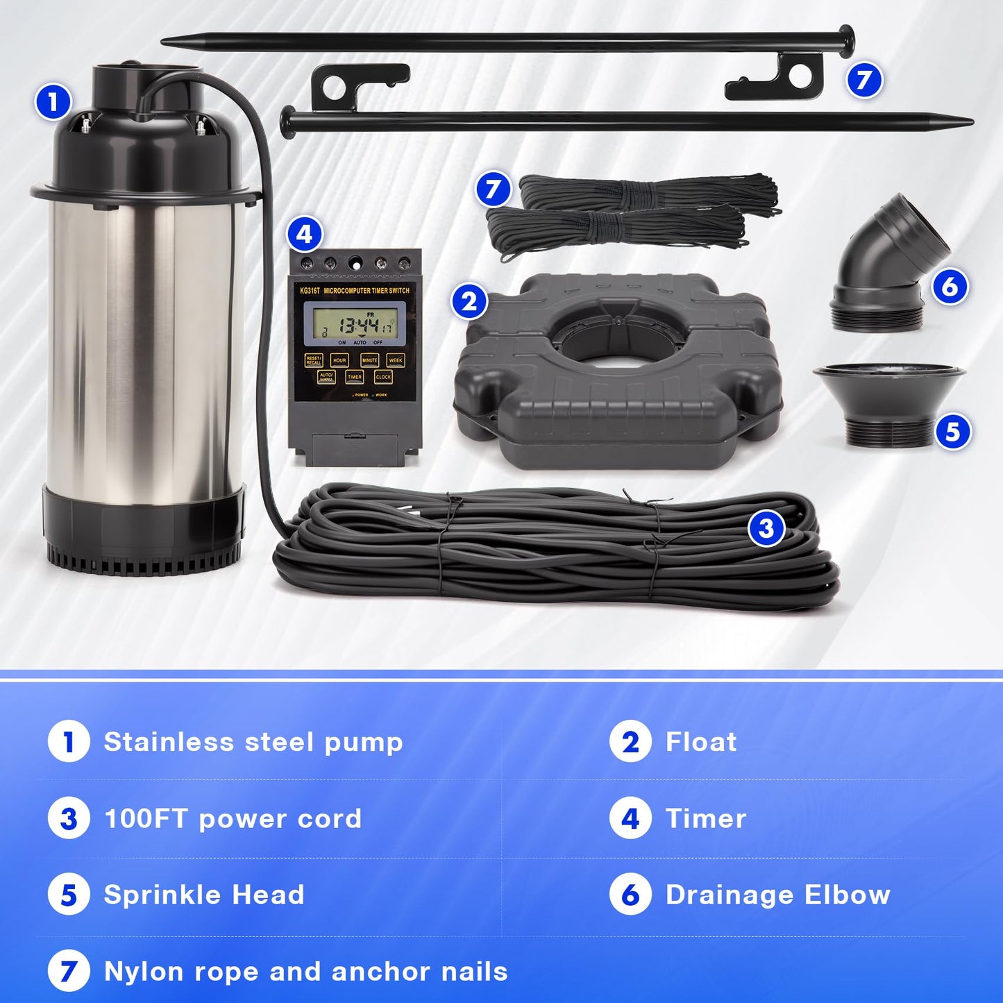 Ceelpeopar Stainless Steel Metal Pond Fountain Aerator, 1HP 110V 15000 GPH Fountain Pump, 100 FT Power Cord, Automatic Aerating Fountain Pump with Programmable Timer for Outdoor Large Ponds & Lakes
