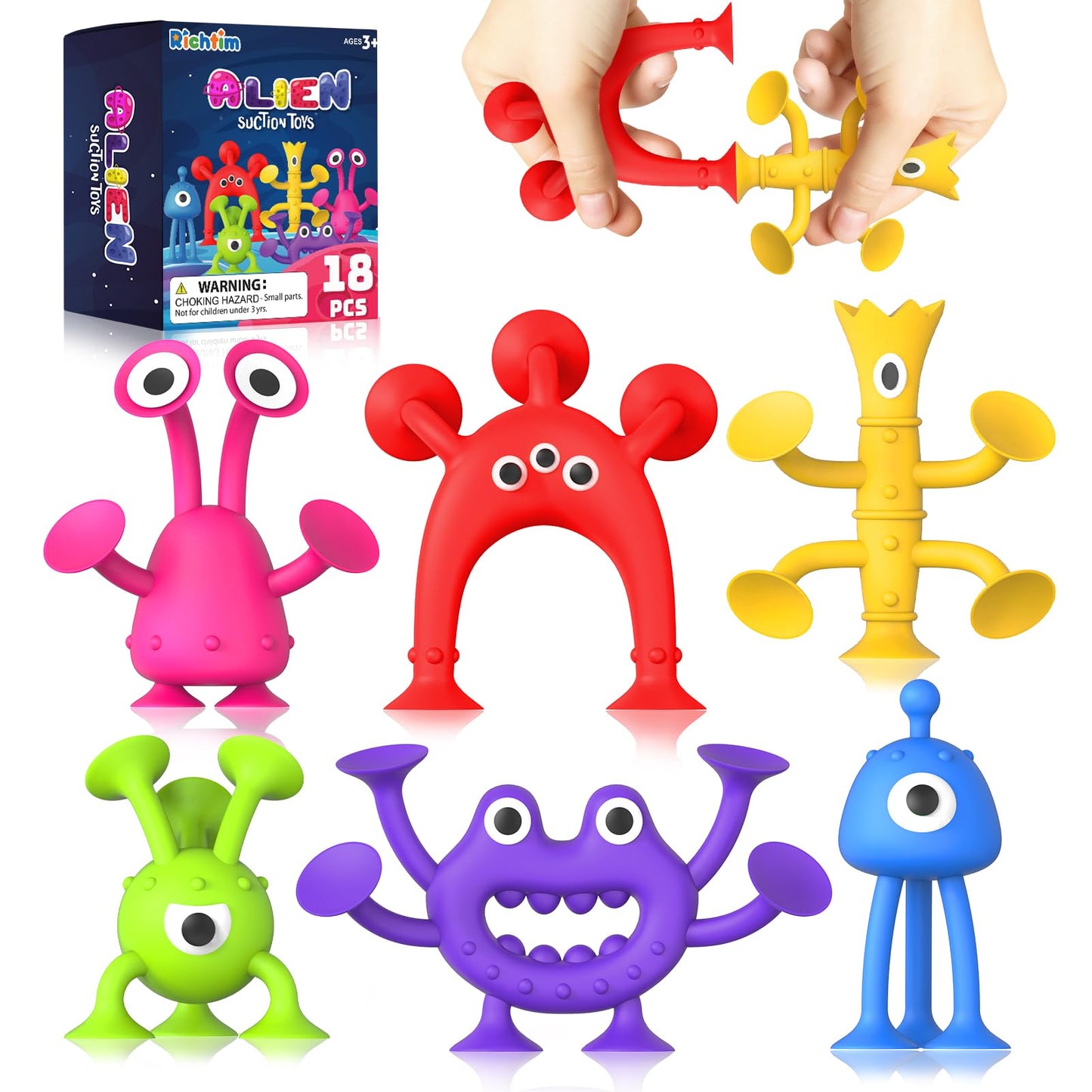 Suction Toy Toddler Bath Toys: No Hole Bath Toy for Boys Girls - 18PCS Sensory Fidget Toys for Kids - Window Building Toy Gooide Bag Stuffers - Travel Essentials Road Trip Activities for Kids Gifts