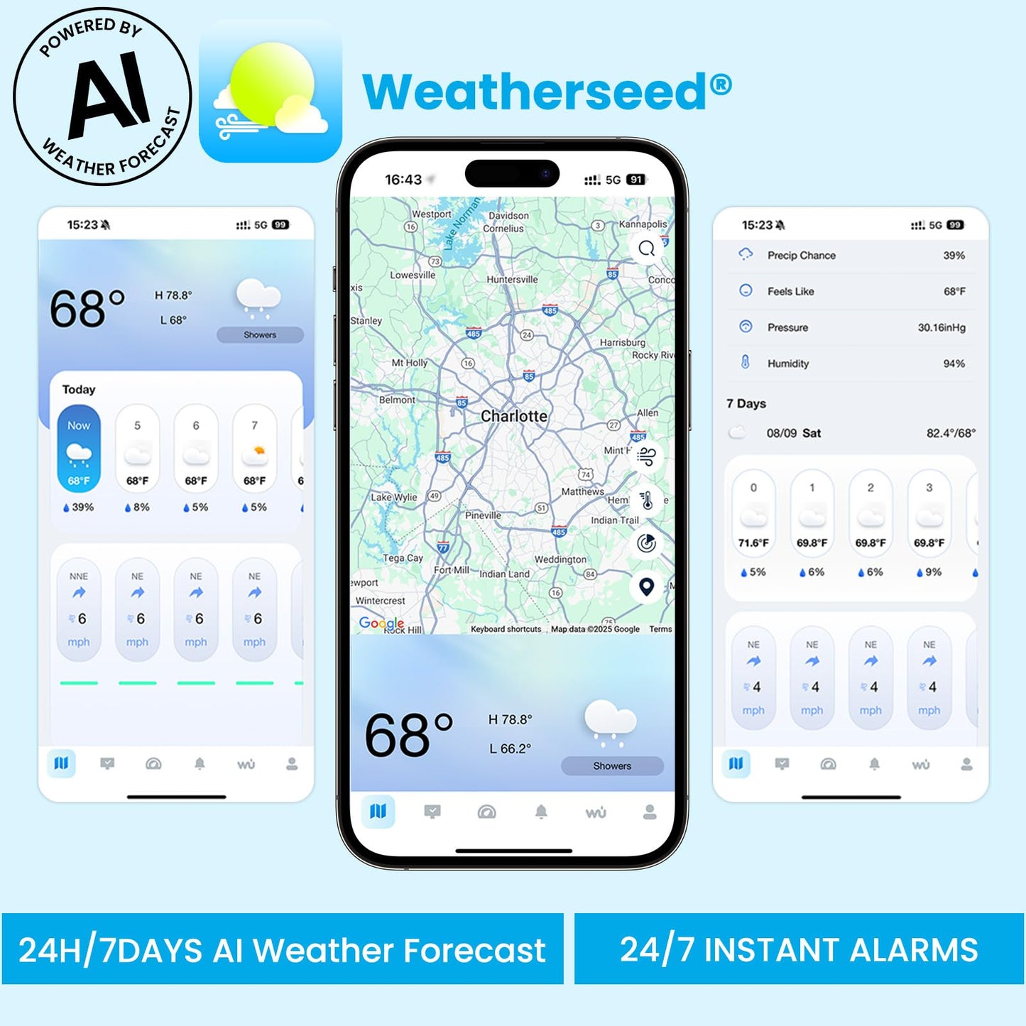 Sainlogic Smart WiFi Weather Stations Wireless Indoor Outdoor SA6 Plus,24/7 AI Weather Forecast by Weatherseed®,APP Alert,Weather Station with Rain Gauge and Wind Speed,2-Year Data Storage（Only 2.4G）
