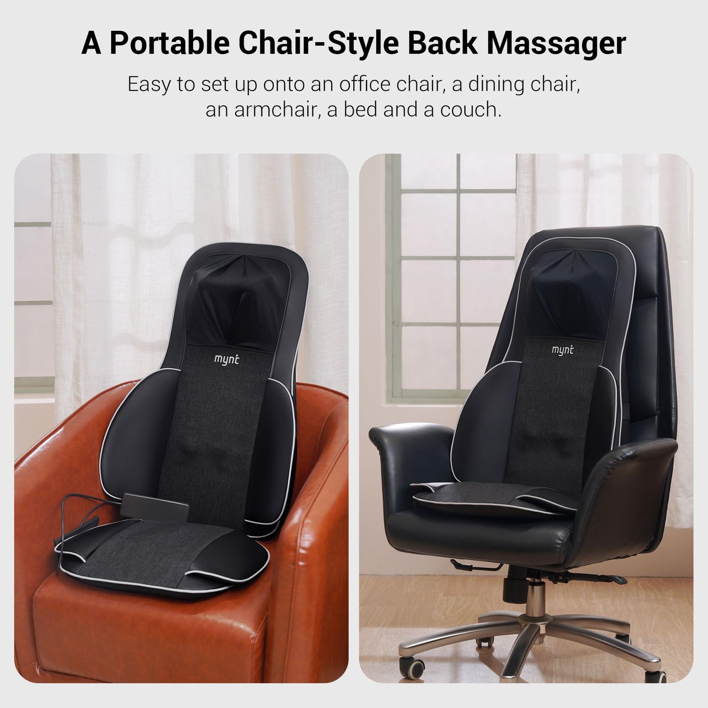 Mynt 2D & 3D Shiatsu Neck and Back Massager for Chair with 10 Deep Kneading Nodes, Back Massage with Heat, Portable Spot Massage Chair Pad (Black)