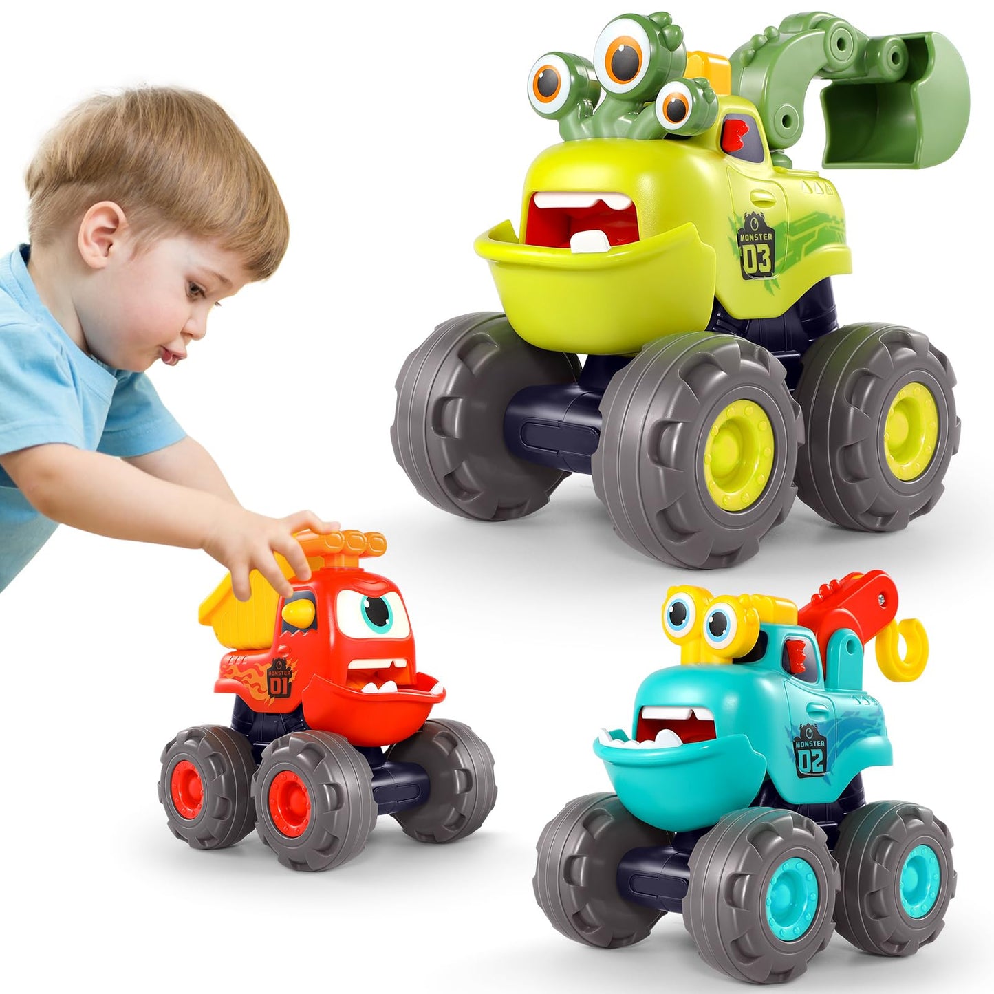 Toys for 1 Year Old Boy, Monster Truck Toys Construction Cars for Toddler 1-3 Crane Truck Dump Excavator Pull Back Car Toddler Toys for Baby 12-18 Months 1 Year Old Boy Gifts for Birthday Xmas