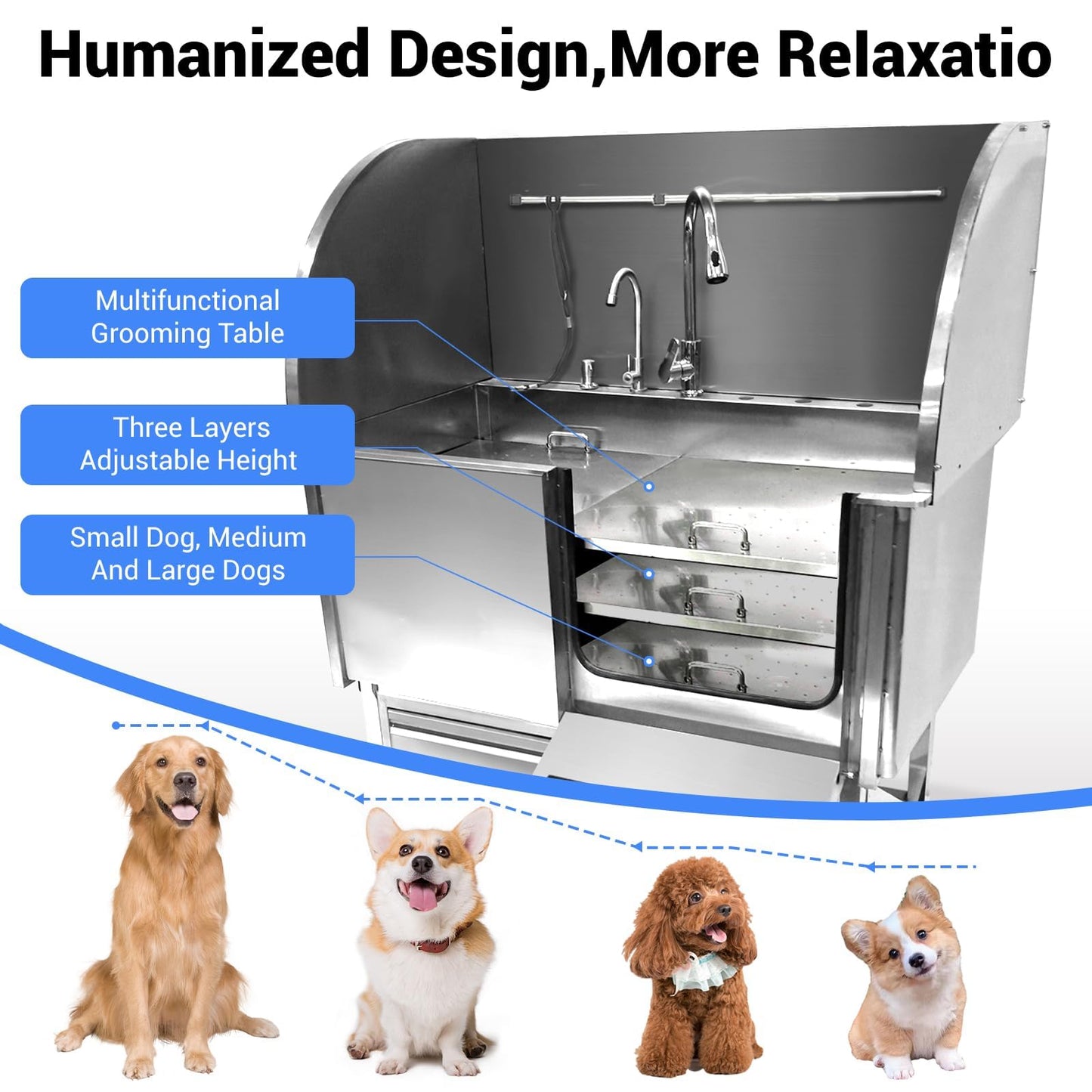 IDEALHOUSE 50" Dog Washing Station, Professional Stainless Steel Pet Dog Bathing Station with Ramp, Faucet, Storage Drawer, Floor Grate Dog Bathtub for Large, Medium, Small Pets (Right Ramp)