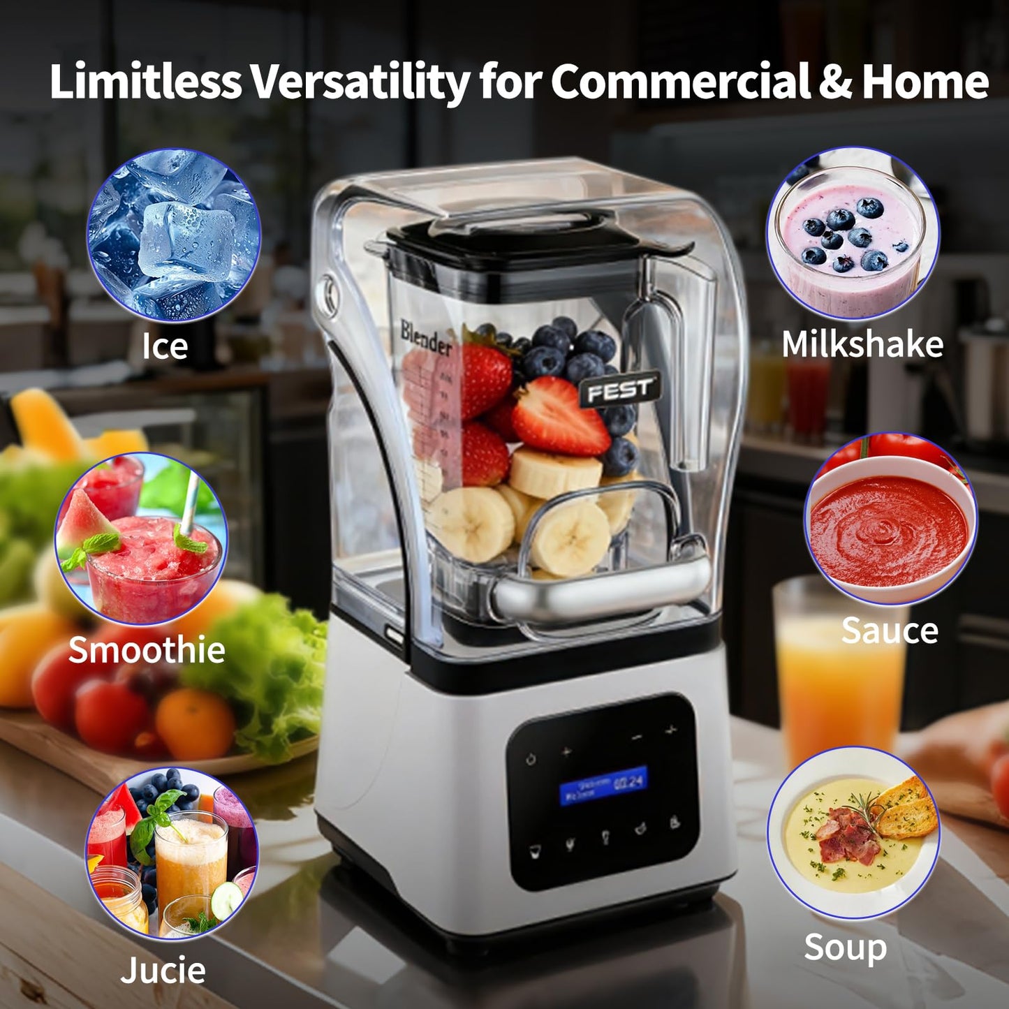Commercial Blender 2200W Heavy Duty Countertop Blender, Quiet Shield Sound Enclosure, 6-Blade System, DIY Timer & 9-Speed, 5 Preset Programs,Smoothies, Juices, Shakes & Frozen Drinks, 60oz Pitcher