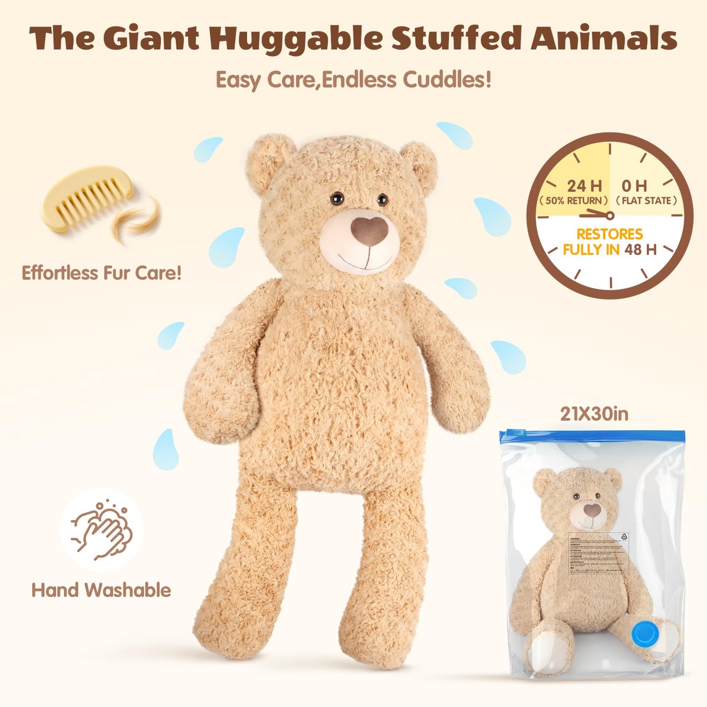 SuzziPals 43 inch Giant Teddy Bear Stuffed Animal, Lifelike Stuffed Animals for Stress Relief & Companion, Extra Soft Fluffy Big Plushies Hugging Pillow, Jumbo Teddy Bears Gifts for Kids Adults