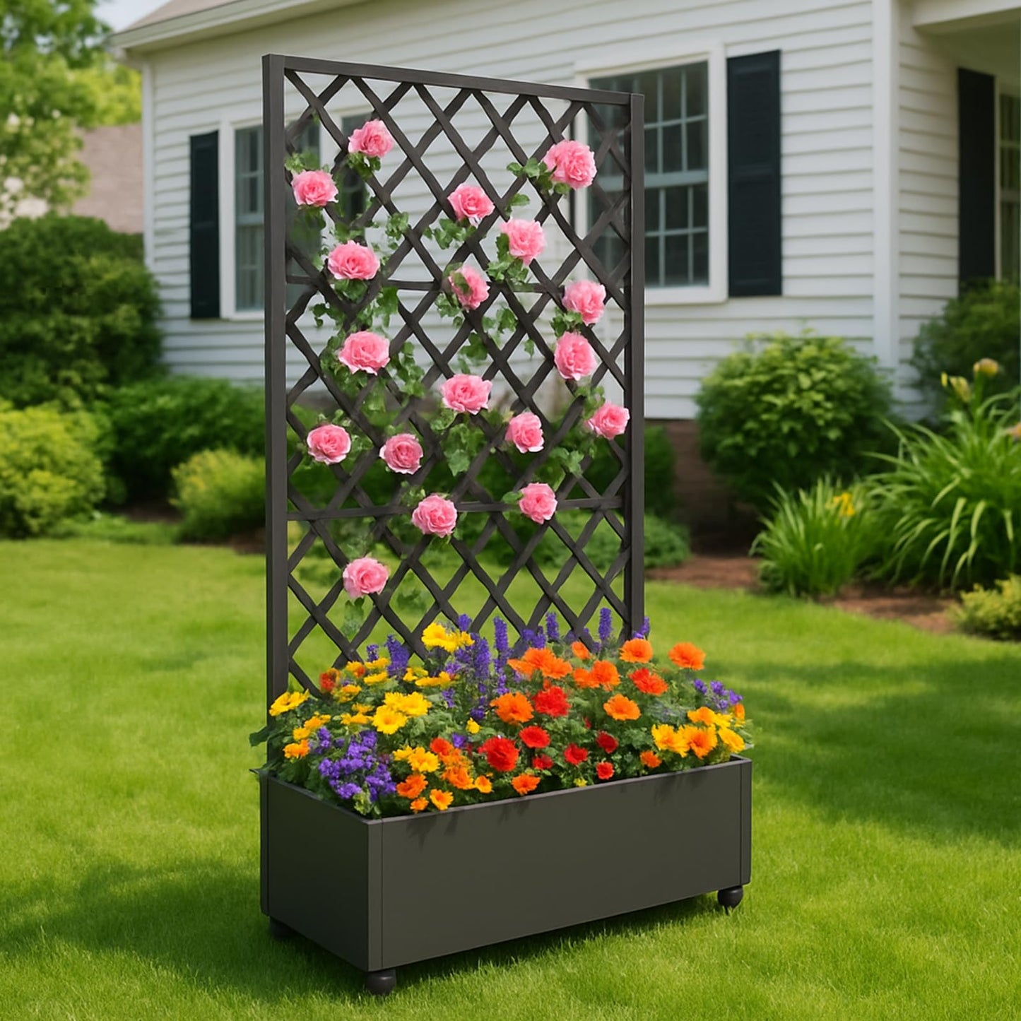 PeacefulHues Metal Planter Box, Galvanized Raised Garden Bed with Wheels & Trellis - 72"x35" Planter Box for Climbing Plants, Vines, Flowers, Black