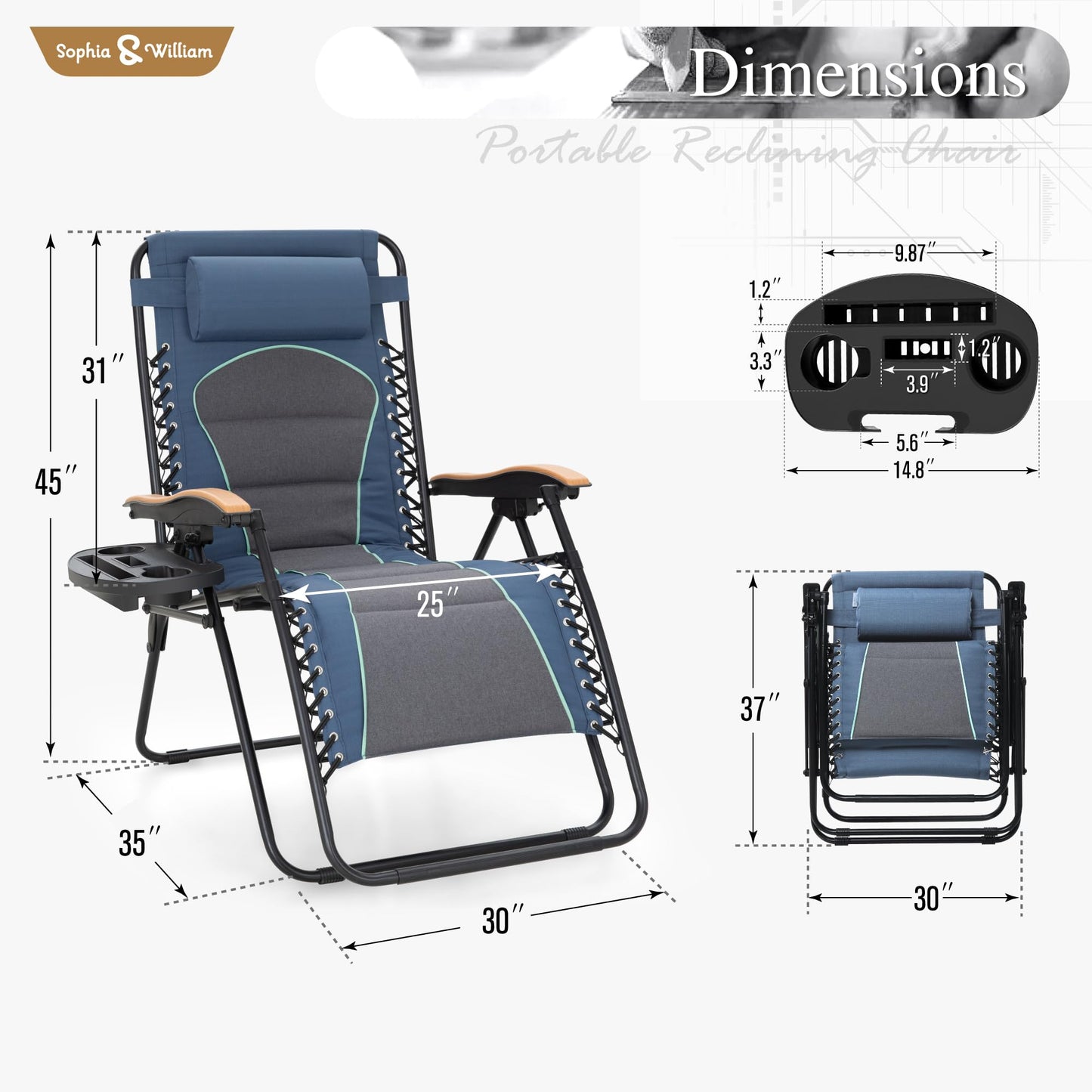 Sophia & William Oversized XXL Zero Gravity Lounge Chair Padded Reclining Lawn Chair Outdoor Gravity Chair with Cup Holder, Support 400 LBS, Blue
