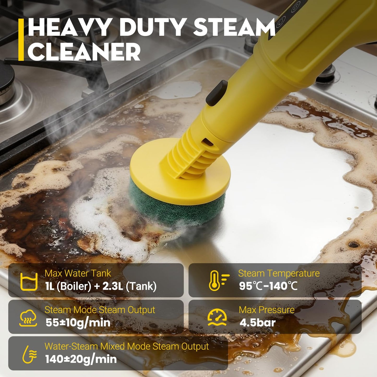 MOMOKOVA Steam Cleaner, Chemical-Free High-Pressure Commercial Steamer Cleaner with Unlimited Steam Injection, Fast Heat-Up, 2.2L Capacity, 14 Accessories for Floors, Grout, Upholstery (yellow)