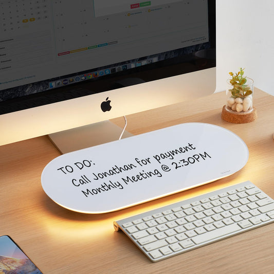 TSJ OFFICE Glass Desktop Whiteboard - 17 X 7 Inches Small Dry Erase Board with Pink Light, Glass White Board Surface Notepad with 1 Drawer, Desk Organizers for Office, Home, School Supplies