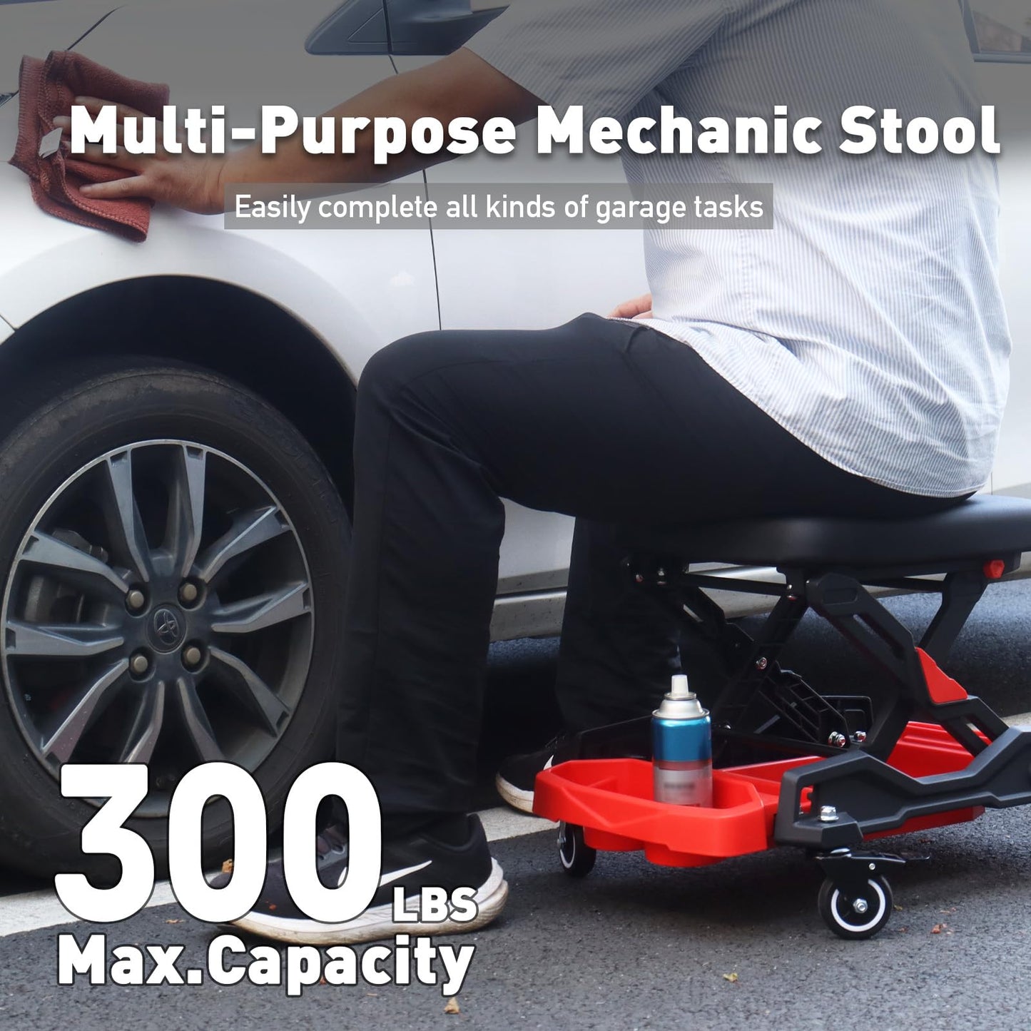 HYDRAULIC PRO Automotive Creeper Seat with Rolling Wheels, 300 LBS Capacity Mechanic Stool, Heavy Duty Garage Stool with Soft Padded Cushion and Tool Trays, Foldable Design for Easy Storage