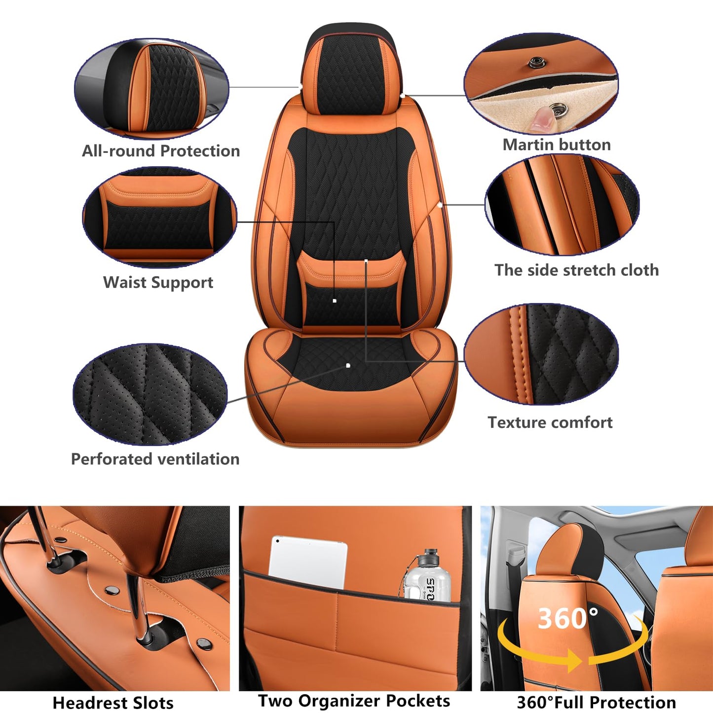 Leather Car Seat Covers,Car Seat Covers Full Set,Automotive Seat Covers 5 Seats,Fit for Most Cars SUVs Sedans Hatchbacks Crossovers,Breathable Waterproof Full Wrapping Edge Seat Covers BrownBlack