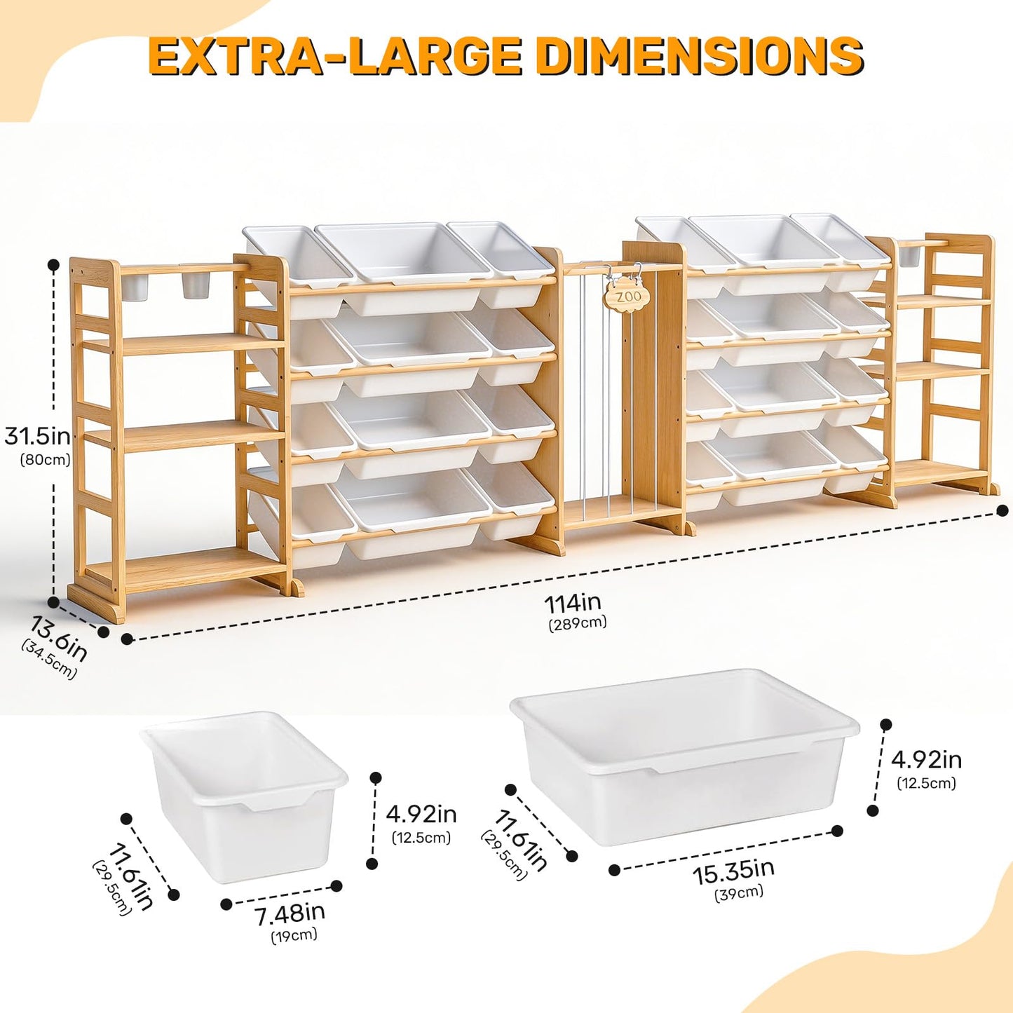 Yazzropt 114" Large Toy Storage Organizer with Bins Shelves & Stuffed Animal Storage for Kids Wood Toddler Playroom Organization with Bookshelf Toys Box Wooden Organizers for Kids Room Nursery Bedroom
