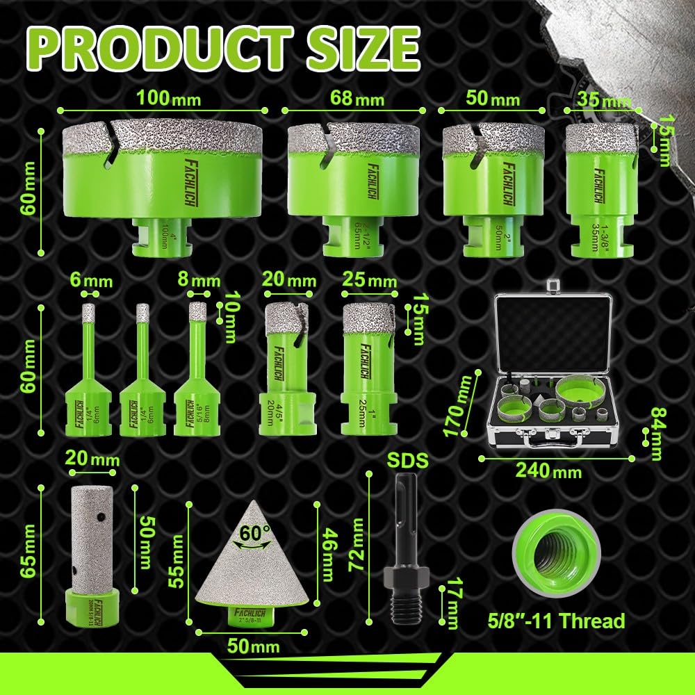 4" Diamond Tile Hole Saw Kit FACHLICH Porcelain Ceramic Tile Diamond Core Drill Bits Set FACHLICH Diamond Porcelain Saw Blade 4.5" Tile Blades 2pcs Dry Wet Tile Cutting Disc