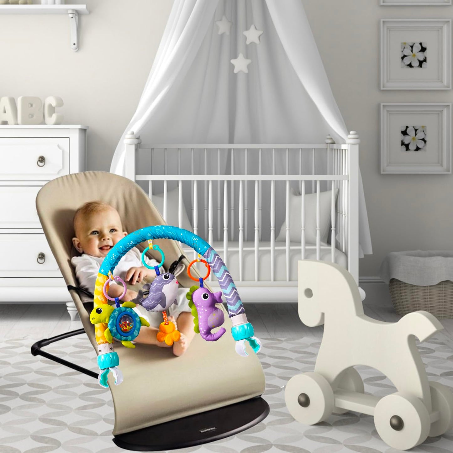 ORZIZRO Baby Stroller Arch Toys, Crib Mobile for Infants Adjustable Bassinet Mobile with Universal Clamp, Activity Toy Bar for Bouncer Newborn CarSeat Stroller Toy Sense Toys for Baby 0 6 12 Months