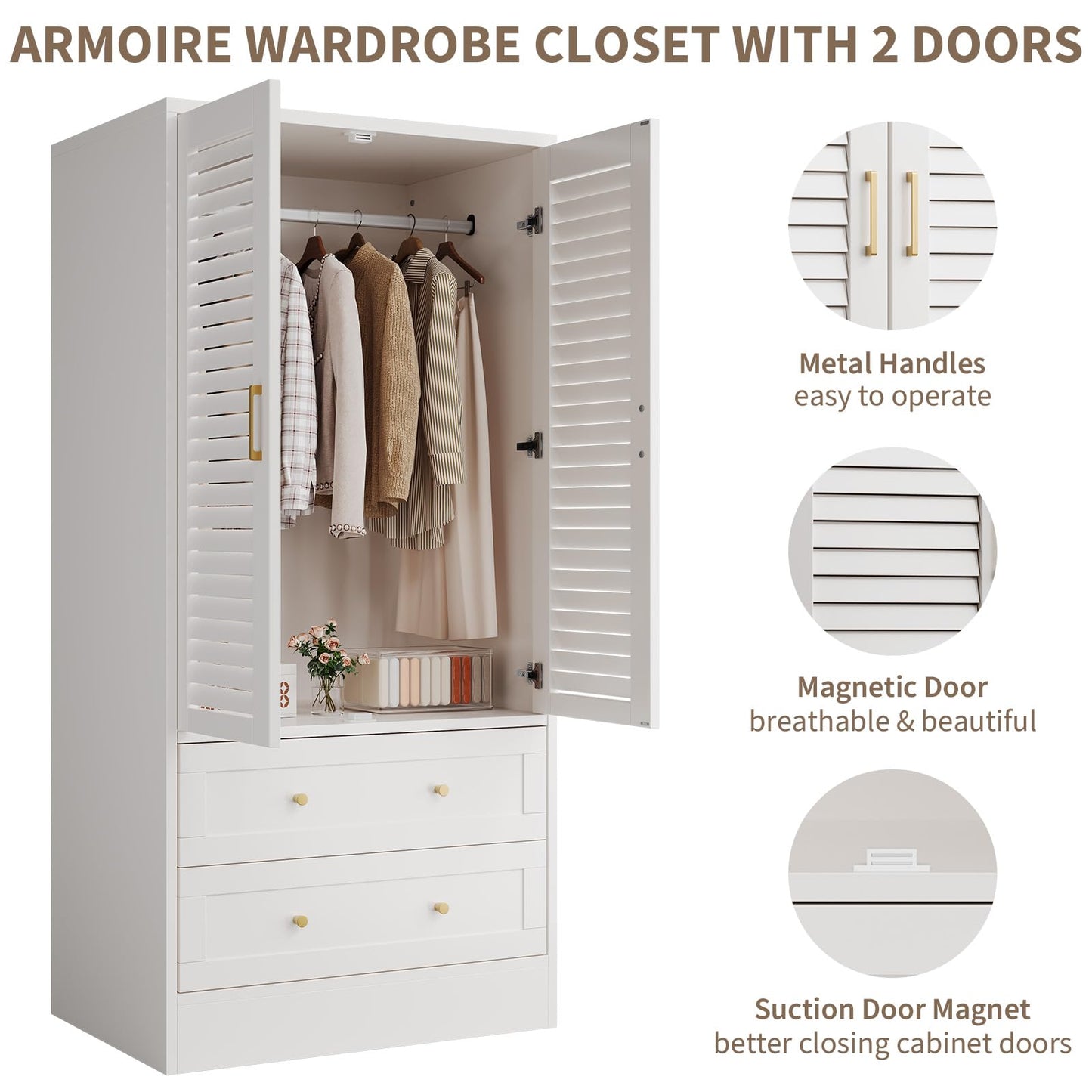 65" Louvered Armoire Wardrobe Closet, Wood Clothing Storage Cabinets with 2 Doors and 2 Drawers, Wooden Wardrobe Closet with Hanging Rod for Bedroom, Cloak Room, Laundry Room, Entrance Hall, White