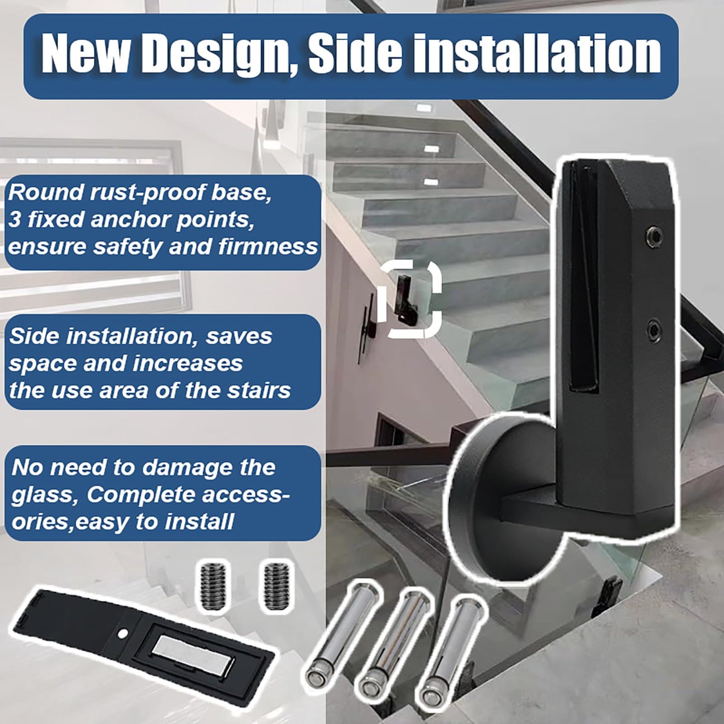Heavy-Duty 304 Stainless Steel Side-Mount Glass Spigot Brackets - Compatible with 10-12.7mm (3/8"–1/2") Panels for Pool Fences, Balconies & Stairs,Black,4 Pack