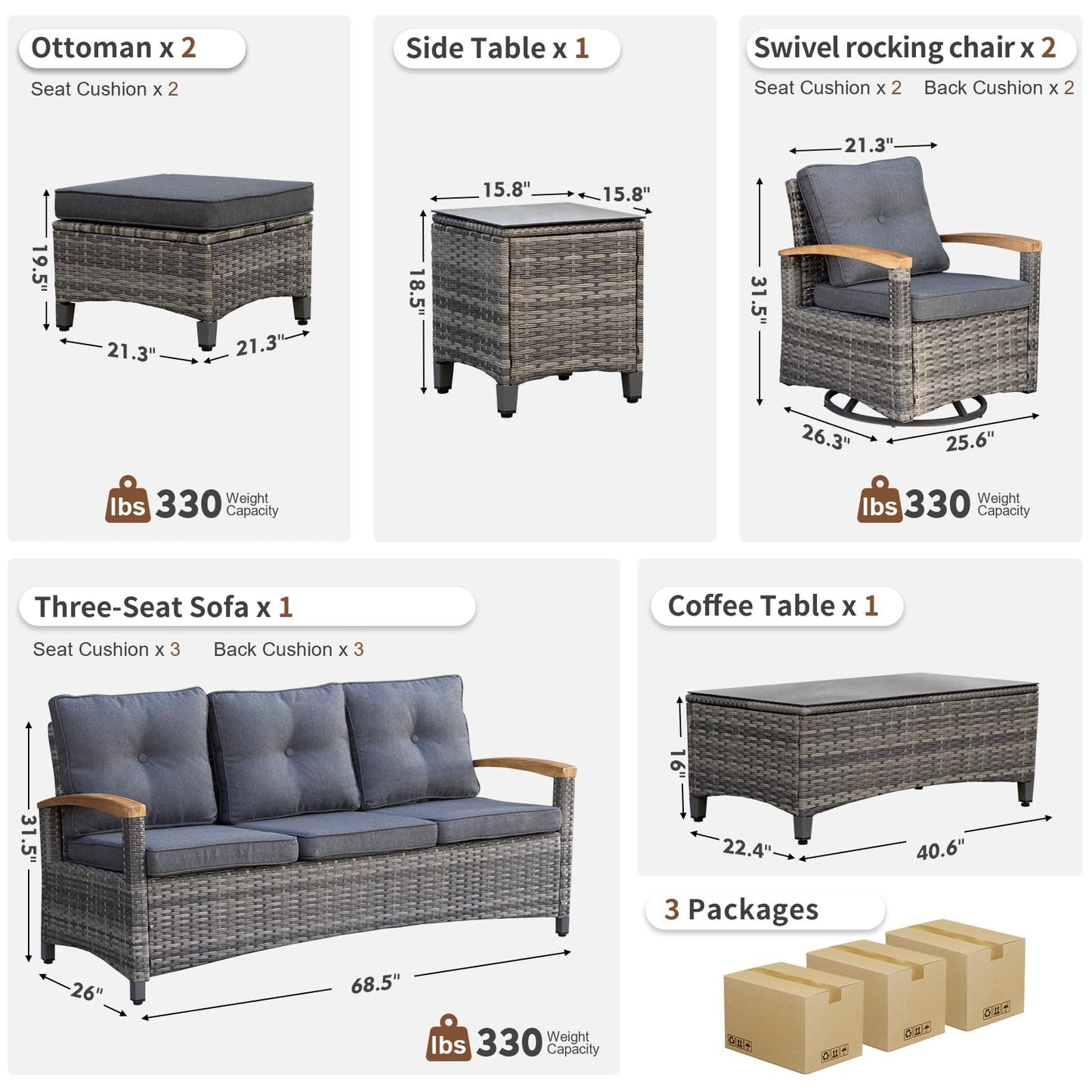 MEISSALIVVE 7 Pieces Patio Furniture Sets,PE Wicker Outdoor Conversation Sets with 2 Wood Armrests Swivel Rocker Chairs, 2 Ottoman, 3-seat Sofa and Coffee Table(Grey)