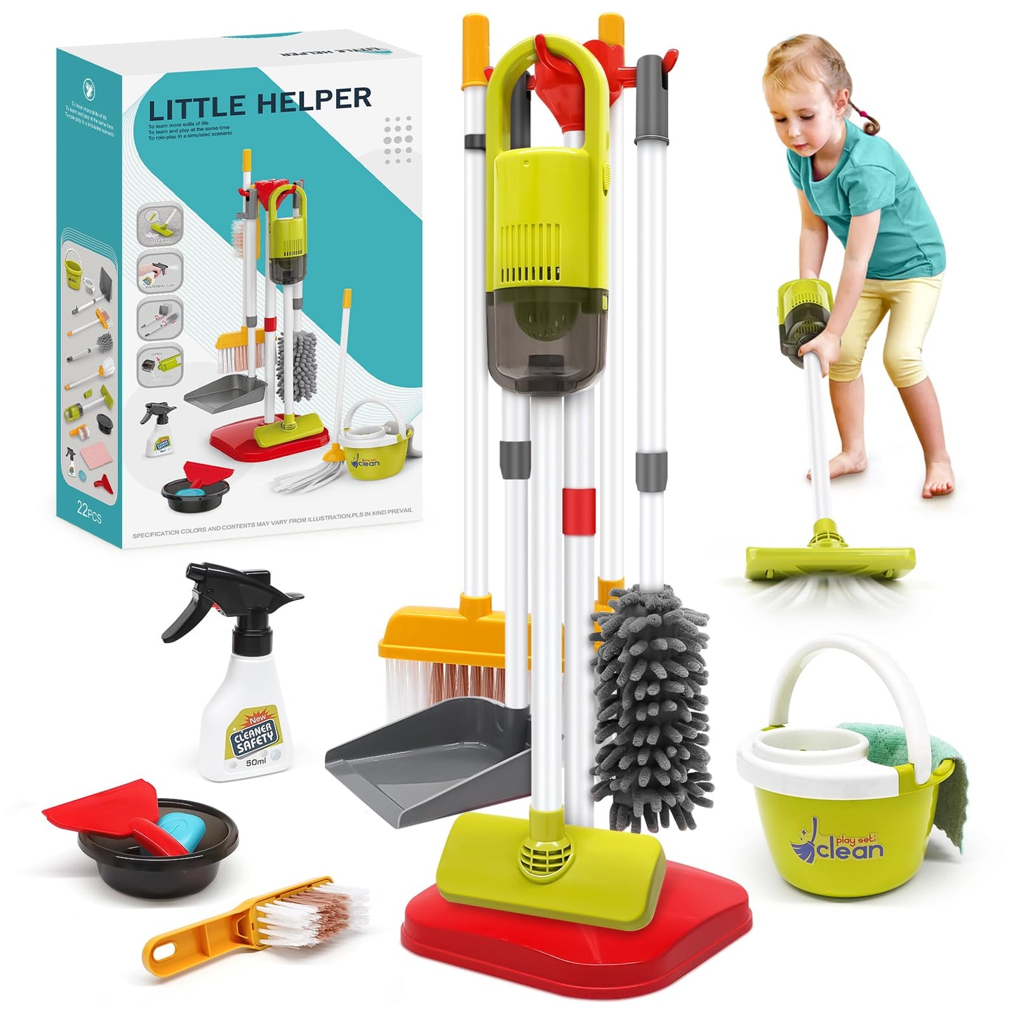 Dreamon Toddler Cleaning Set - 14Pcs Kids Cleaning Toy Set with 2-in-1 Kids Vacuum that Really Works, Pretend Home Cleaning Play Set for Toddler Age 3-7, Christmas Birthday Gift for Girls Boys（Red）