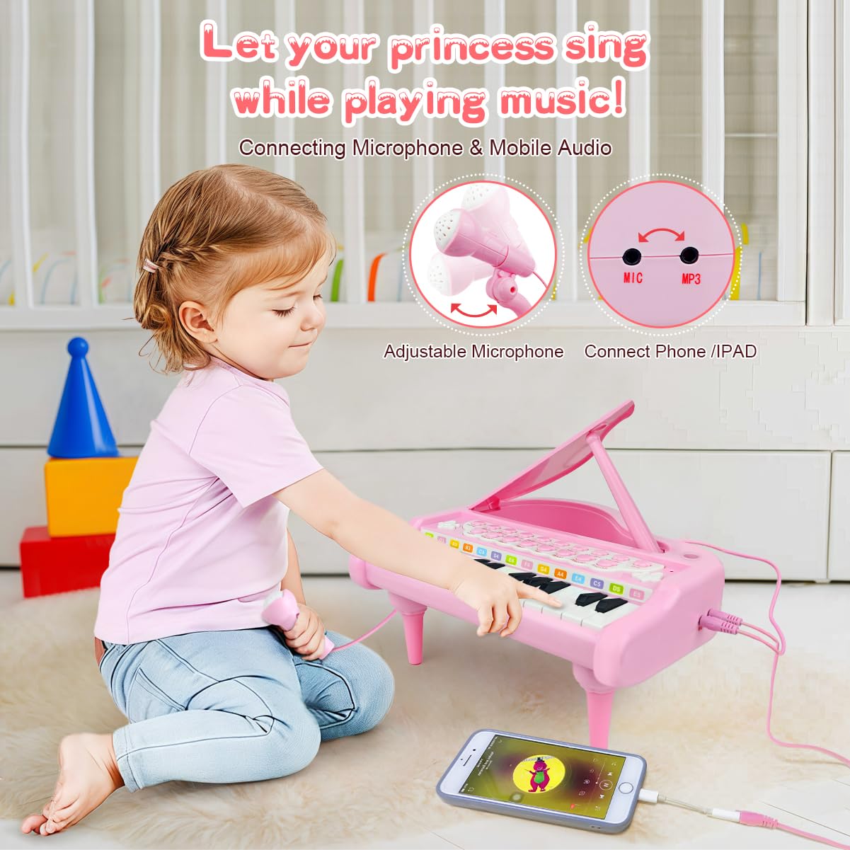 Love&Mini Pink Piano Toys for 1+Years Old Girls First Birthday Gifts Toddler Piano Music Toy Instruments with 24 Keys and Microphone