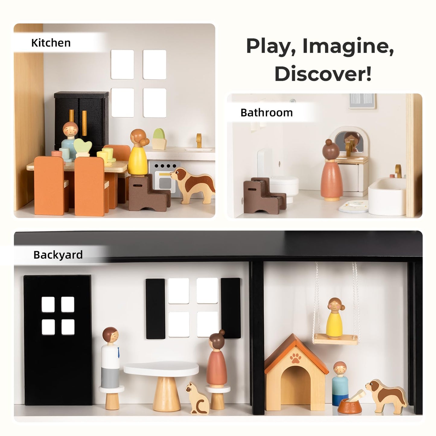 OOOK Wooden Dollhouse, Modern Doll House with 66Pcs Luxurious Furniture Accessories, Including Dolls and Pet Sets, Wood Dollhouse Toy for Boys and Girls 3+