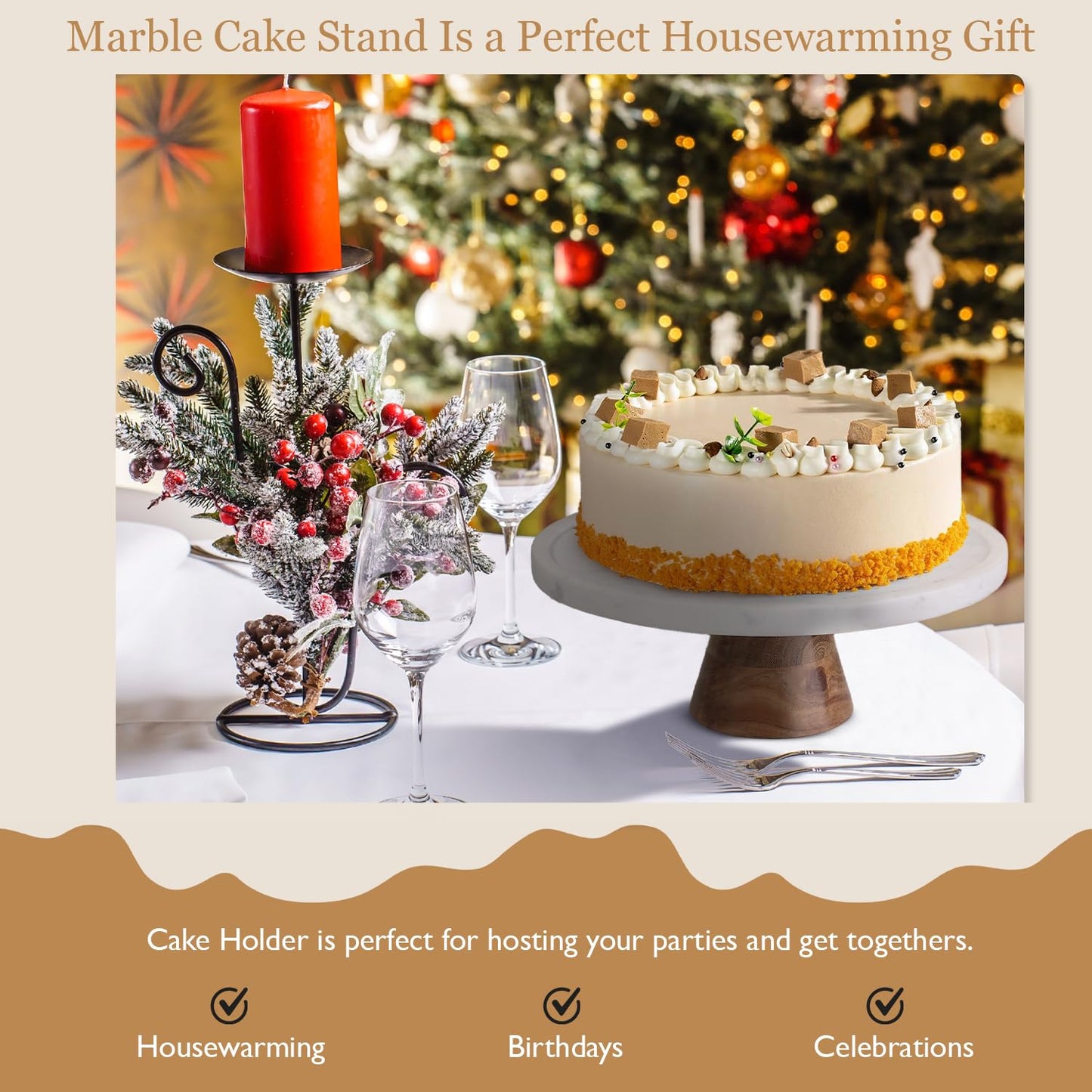 Memoravita Marble & Acacia Wood Cake Stand - 11 Inch Round Cake Display for Weddings, Birthdays & Parties - Dessert Stand for Cakes, Muffins, Pastries, Bread - Kitchen Décor - White Marble Top