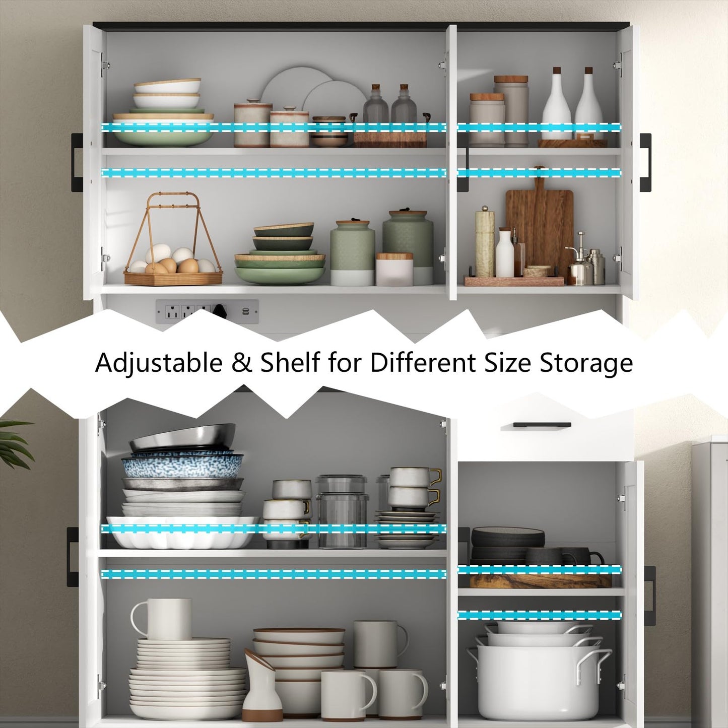 71" Tall Kitchen Pantry Storage Cabinet with Charging Station,Farmhouse Buffet Cabinet with Microwave Shelf,Large Kitchen Hutch Cabinet Doors & Drawer,Food Pantry for Dining Room,Living Room (White)