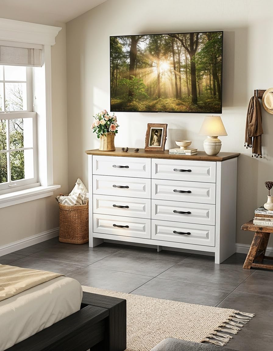 Marsail Farmhouse 8 Drawer Dresser, Wood Chest of Drawers with Natural Texture, Smooth Gliding Drawers, Versatile Storage Organizer Cabinet for Bedroom & Living Room, White and Brown