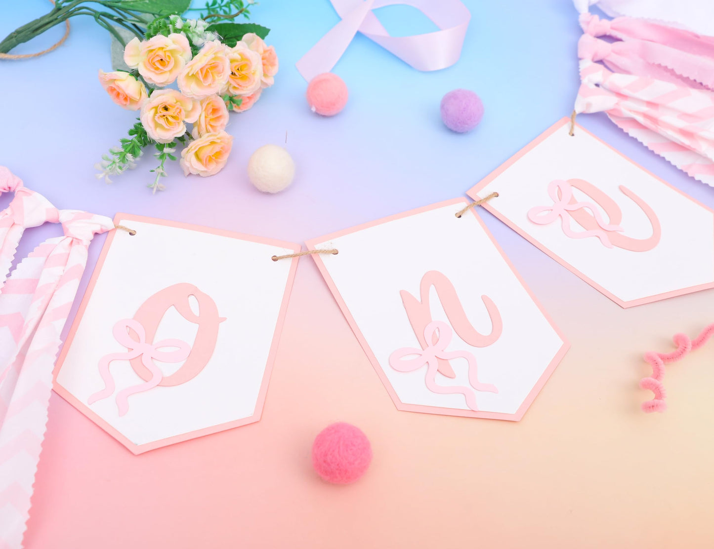 Bow One High Chair Banner - Sweet 1st Birthday Decorations, Pink Princess Party Photo Backdrop, Girls Smash Cake Highchair Banner, First Birthday Fabric Garland