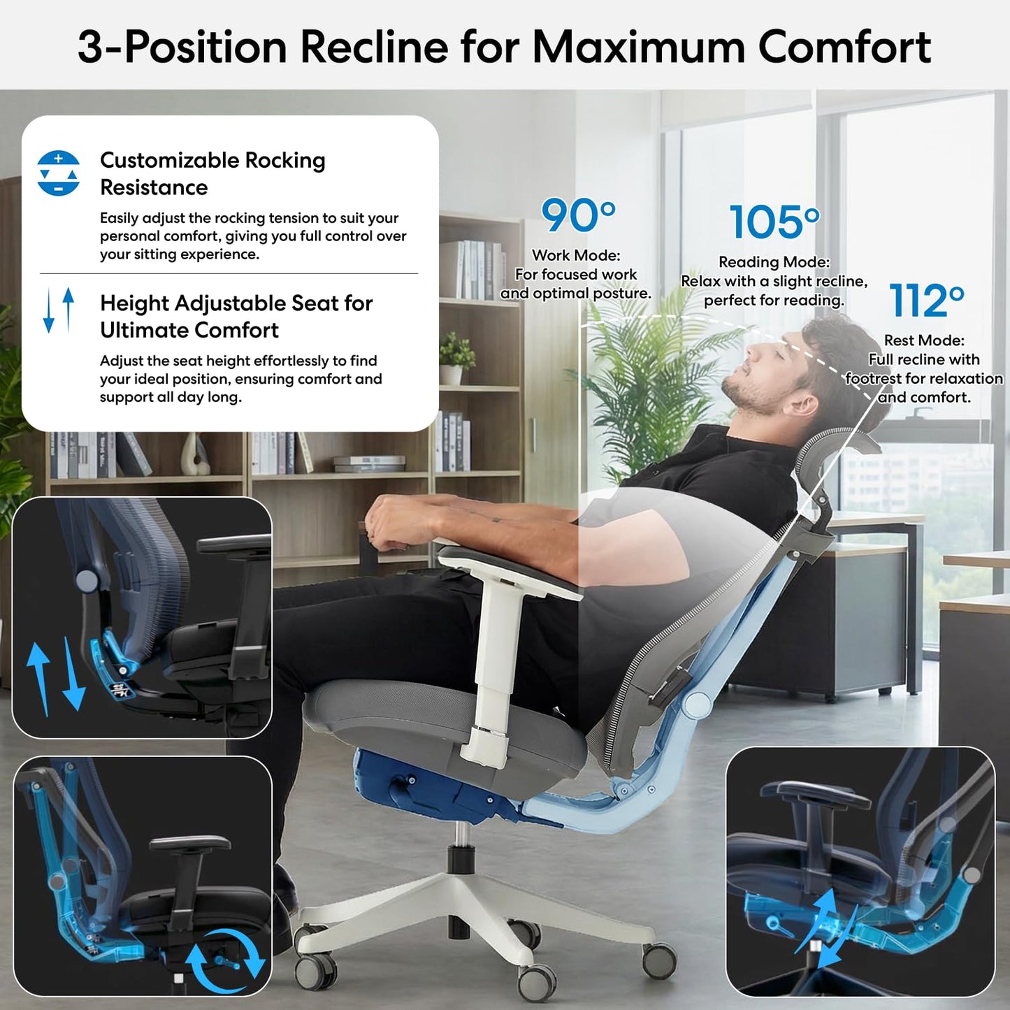 AUTONOMOUS ErgoChair Pro Black Foam Ergonomic Office Chair For Back Pain Relief Adjustable Lumbar Support, Headrest, Big And Tall Home Office Desk Chair Comfy 300 LBS with Swivel Wheels For Long Hours