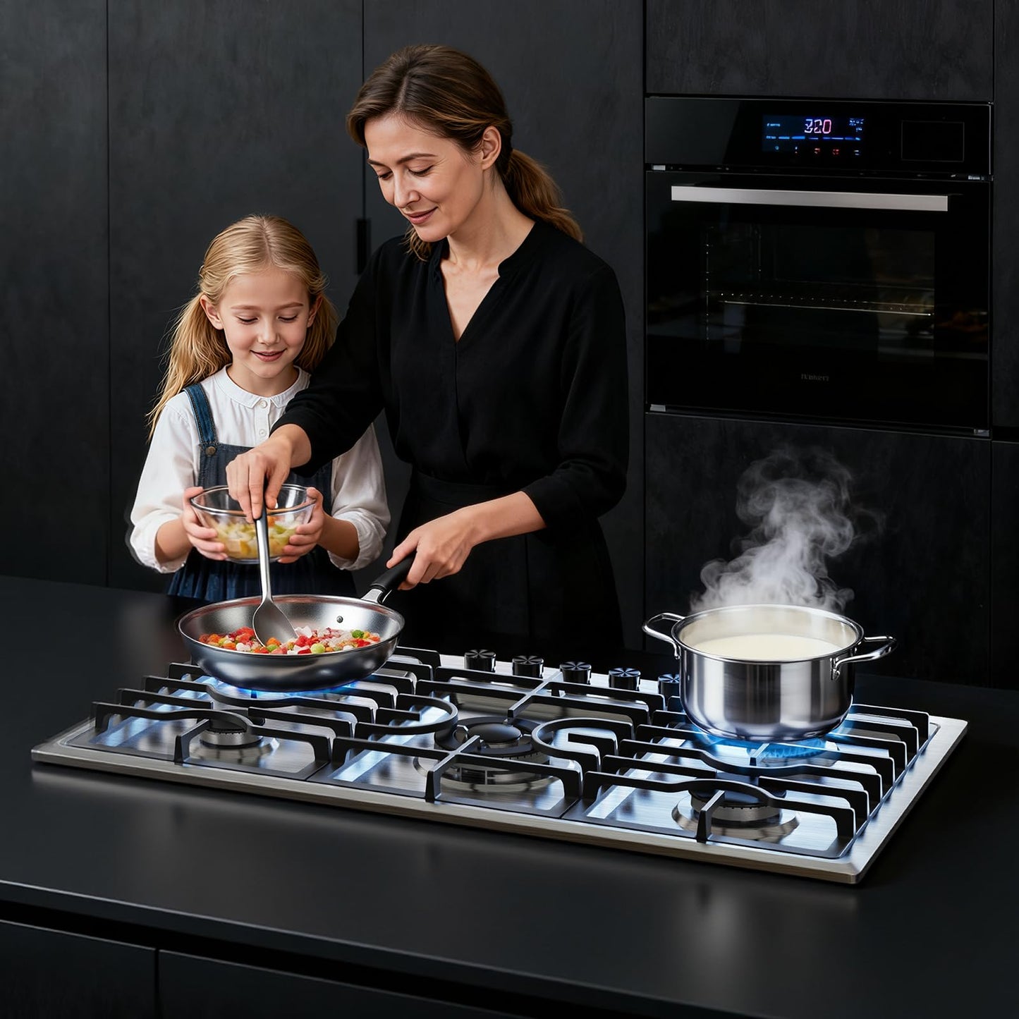 Gas Cooktop 36 Inch ROVLEP, Gas Stove Top Built-in 5 Burners Stainless Steel Total 37,600 BTU, NG/LPG Convertible Propane Cooktops Dual Fuel, RV Stove Top with Thermocouple Protect (36 INCH)