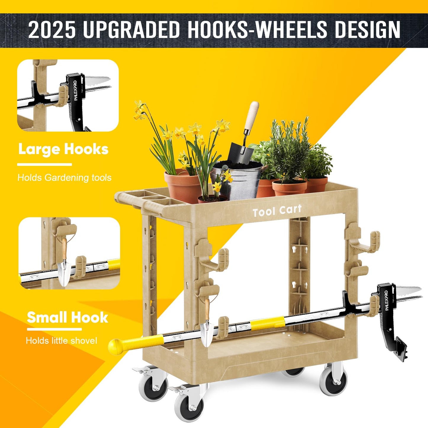 Heavy Duty Garden Tool Carts,600LBS Capacity 2 Tier Yard Tool Storage Rack with Side Hooks Garage Tool Cart with 360°Swivel Wheels Outdoor Garden Tool for Shed, Yard, Garage,Sand