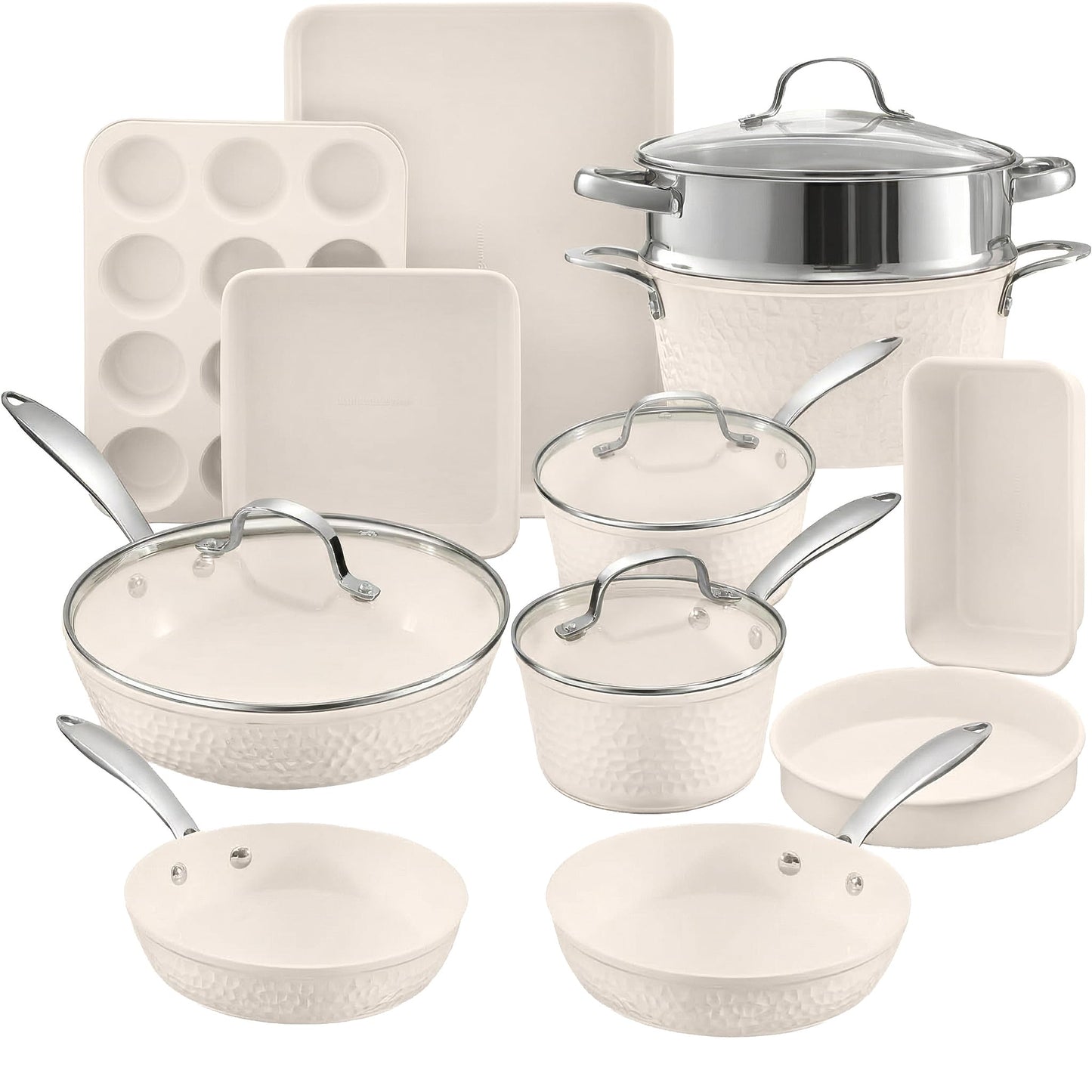 Gotham Steel Hammered 15Pcs Ceramic Cookware Set Nonstick, Induction Pots and Pans Set Non Stick with Bakeware Set & Steamer for Cooking, Non Toxic PFOA PFOS Free, Oven & Dishwasher Safe, Cream White