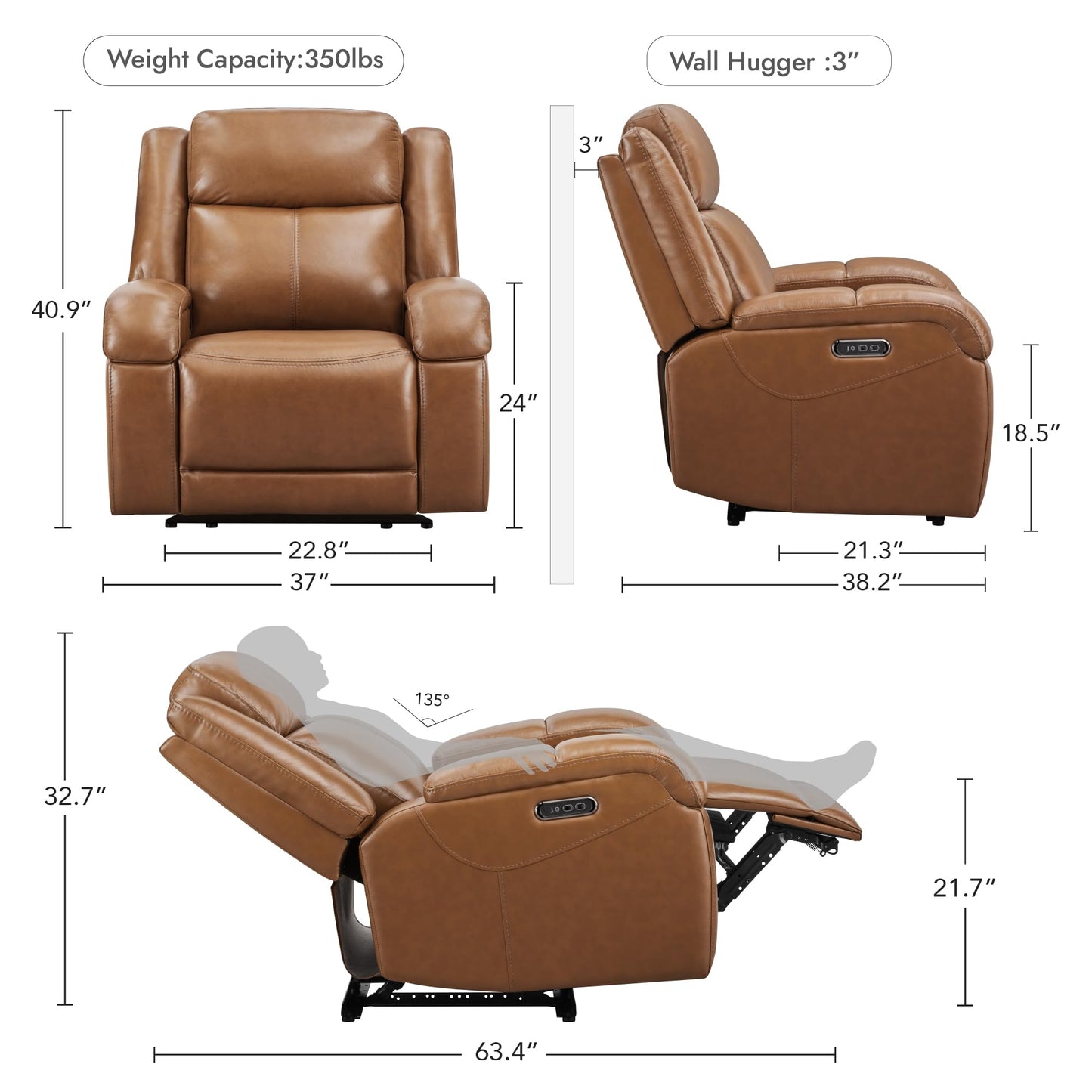 Watson & Whitely Genuine Leather Power Recliner Chairs for Adults, Wall Hugger RV Recliner with Power Headrest & Charging Ports, Electric Recliner Sofa Chair for Living Room, Saddle Brown