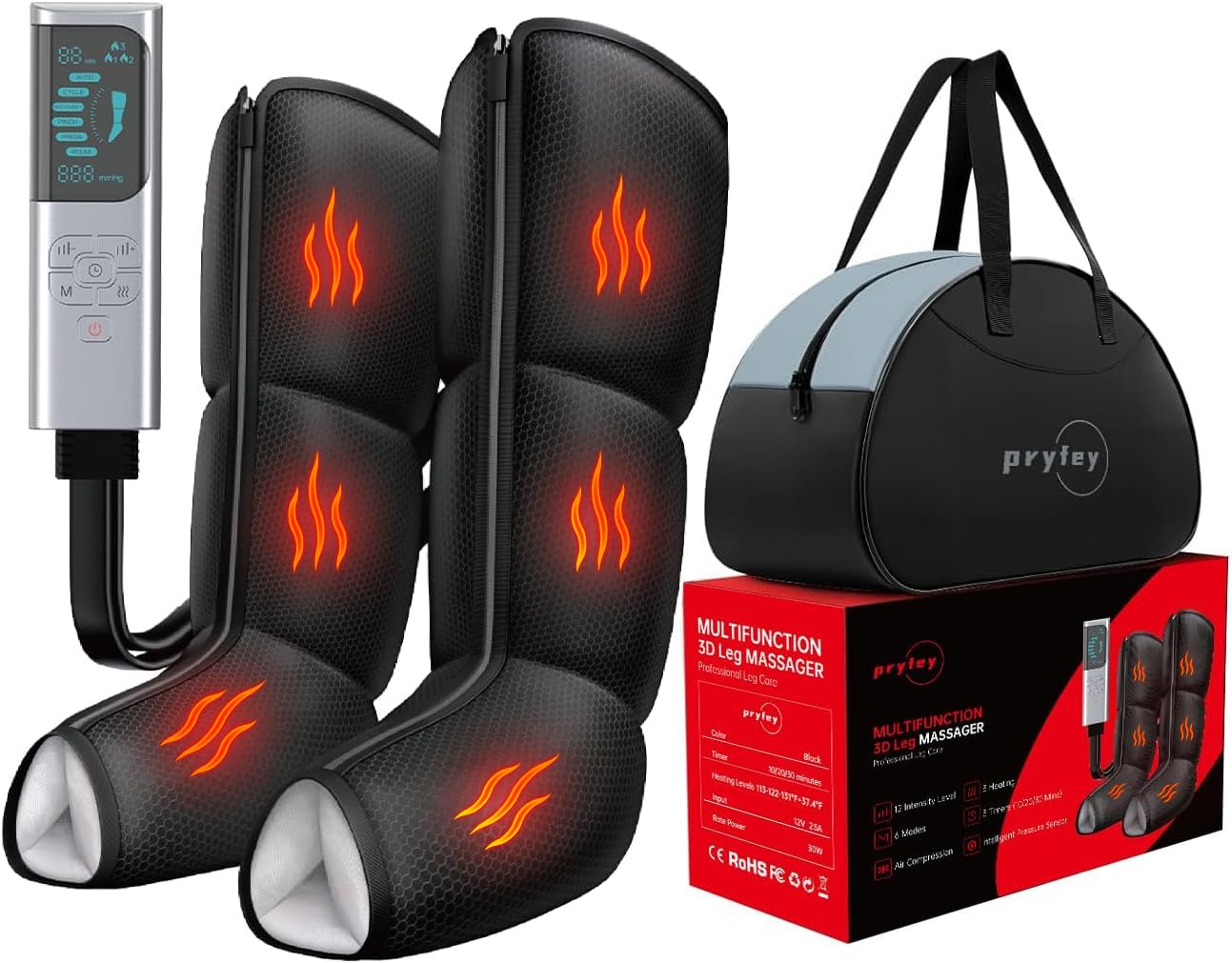 pryfey Leg Massager with Heat and Compression, Foot and Calf Massager for Circllation and Pain Relief, 12 Intensity, 6 Modes,3 Heating, Compression Boots for Muscle Recovery, Mother's Day Gifts