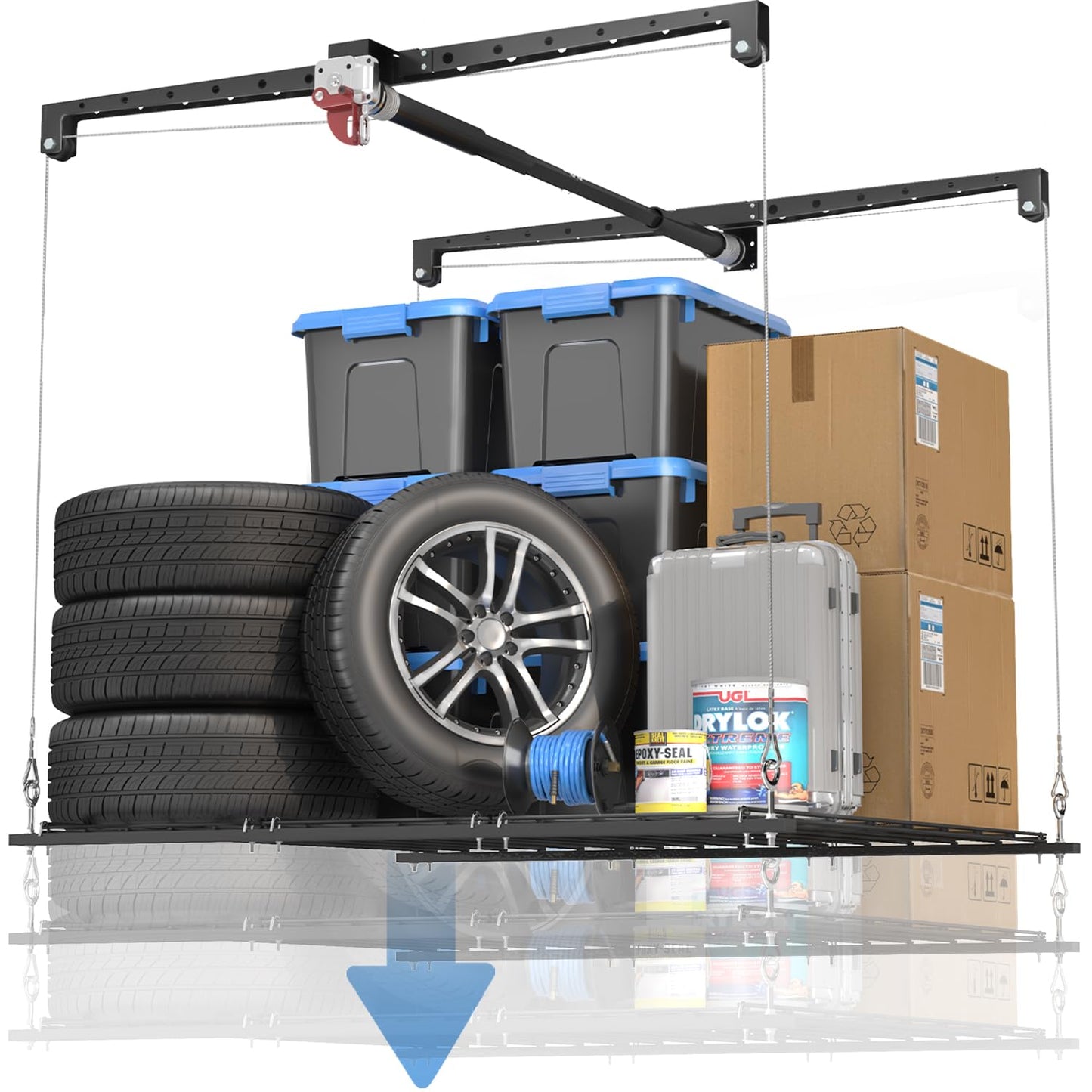 KOKORACKER Overhead Garage Storage Lift, Adjustable Heavy-duty 4x4 Ft Ceiling Racks with Safety Lock, Ideal for Storage Lifting Organization System, 250lbs Capacity