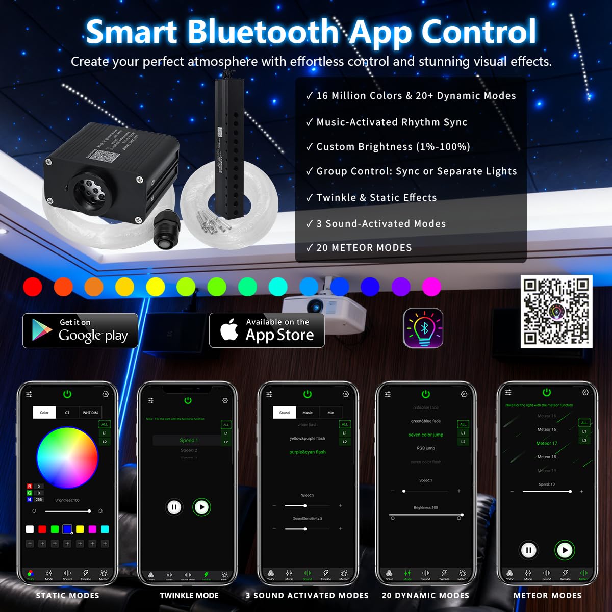 Starlight Headliner Kit 600 Piece Twinkle 0.03in(6.5ft/2m) with White Meteor Fiber Optic Light Kits Car Roof Lights RGBW Music Activated/APP Control Star Lights for Car Theater Game Bed Room Ceiling