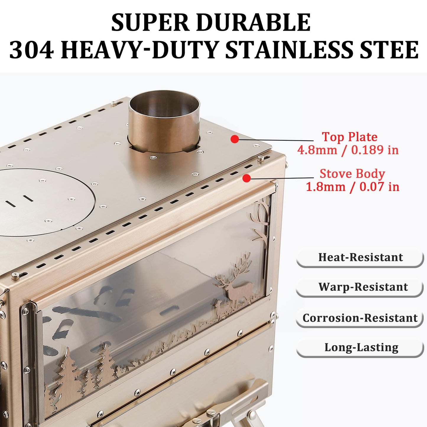 M6 Wood Burning Stove with Oven, 2100 Cu In Large Firebox & 3 Air Inlets, Stainless Steel Camp Stove with Foldable IGT Table, Ash Drawer & 6 Chimney Pipes for Outdoor Cooking, Camping