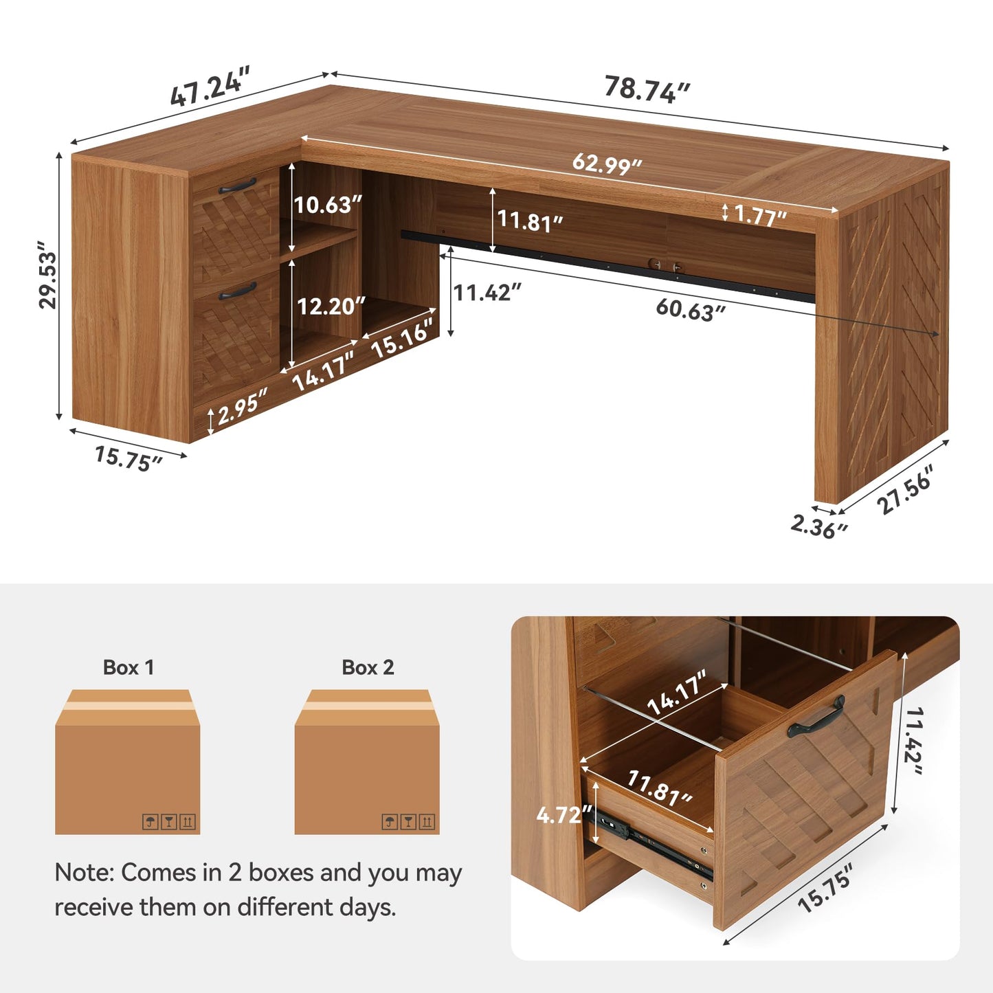 LITTLE TREE 78.7-Inch L-Shaped Executive Desk, Large Home Office Desk with 2 File Drawers and Storage Shelves (Warm Brown)