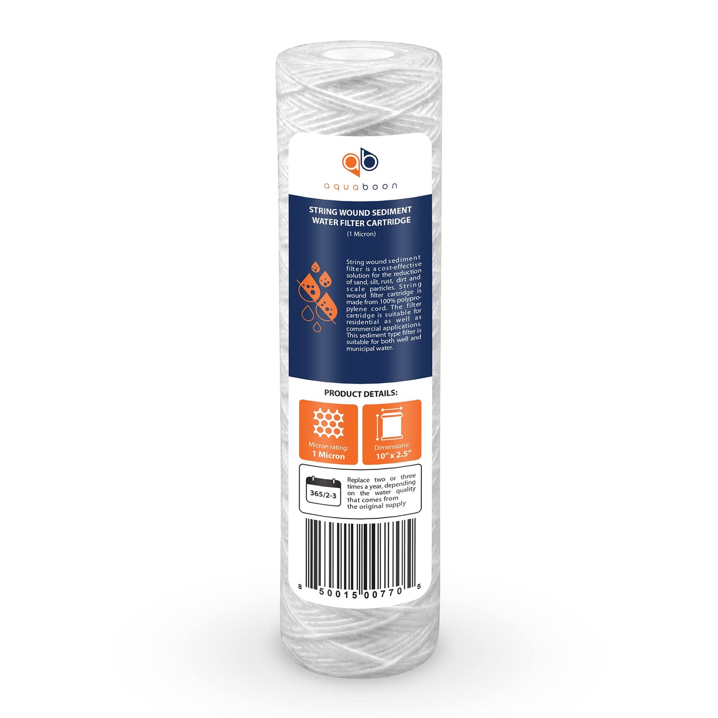 Aquaboon Whole House 1 Micron String Wound Water Filter 10 x 2.5 Cartridge for Well Water Filter Replacement Compatible with WHKF-WHSW, AP110, 50-Pack