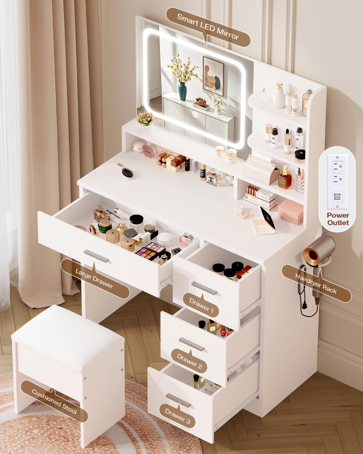 LIVELYGLOW Makeup Vanity Desk with Smart LED Mirror & Charging Station, 35.4" White Vanity Table Set with Cushioned Stool, 4 Drawers & Hairdryer Rack, Modern Bedroom Dressing Table-White