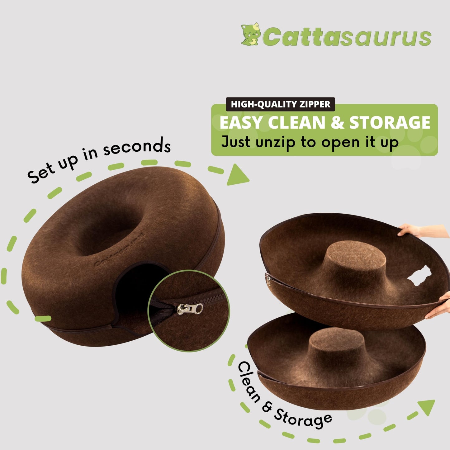 Cattasaurus Peekaboo Cat Cave Donut for Multiple & Large Cats up to 30-45 lbs, 3-in-1 Self Warming Cat Bed, Tunnel & Scratcher for Indoor Cats, Washable & Detachable Small Dog Bed (Brown, Jumbo)