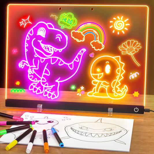 Led Drawing Board for Kids, 13.7"X10" 6-Color Neon Glow Memo Drawing Tablet, Light-Up Acrylic Dry Erase Board, Lumiboard with Stand, Gift Toys for Kids/Girls/Teens/Grandkids, 7 Markers & Tracing Book