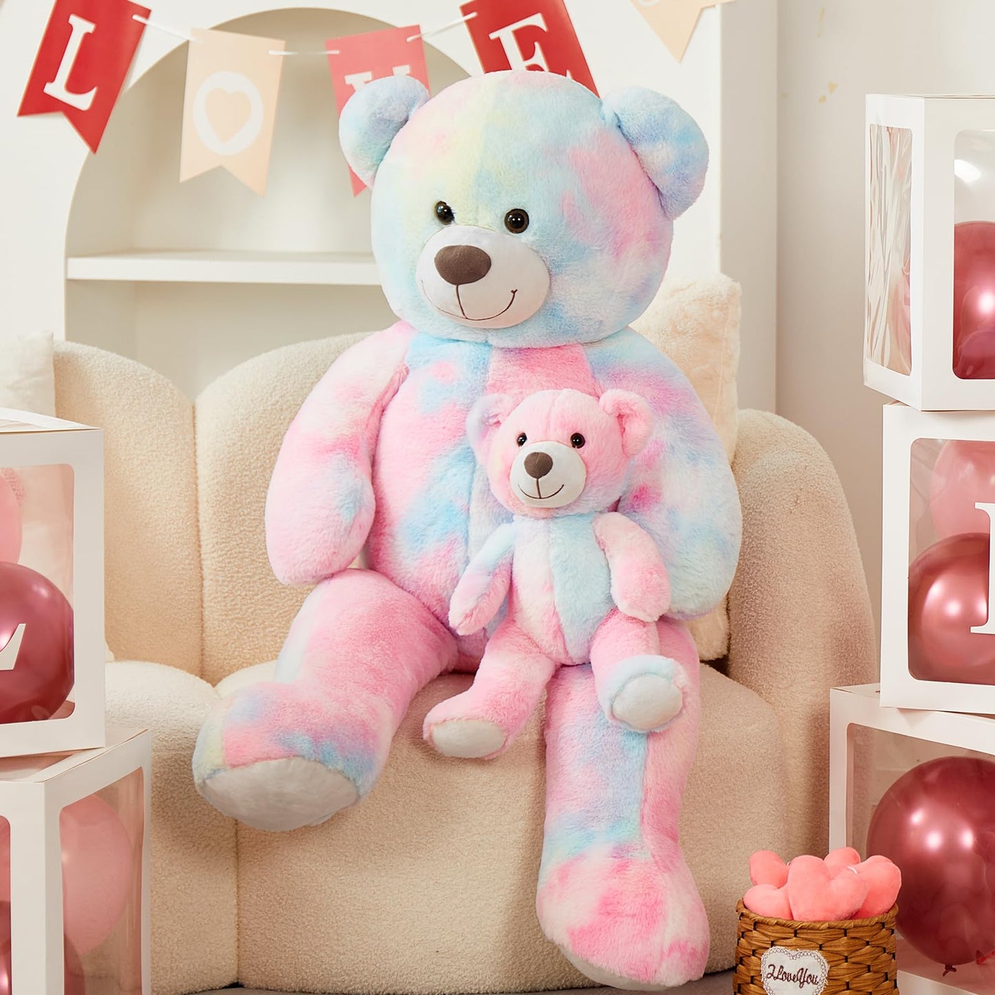 Tezituor Big Teddy Bear with Baby, 39 inch Large Mommy Teddy Bear with Baby, Giant Stuffed Bear for Kids, Girlfriend on Mother's Day, Valentine, Christmas, Baby Shower, Tie-dye Pink